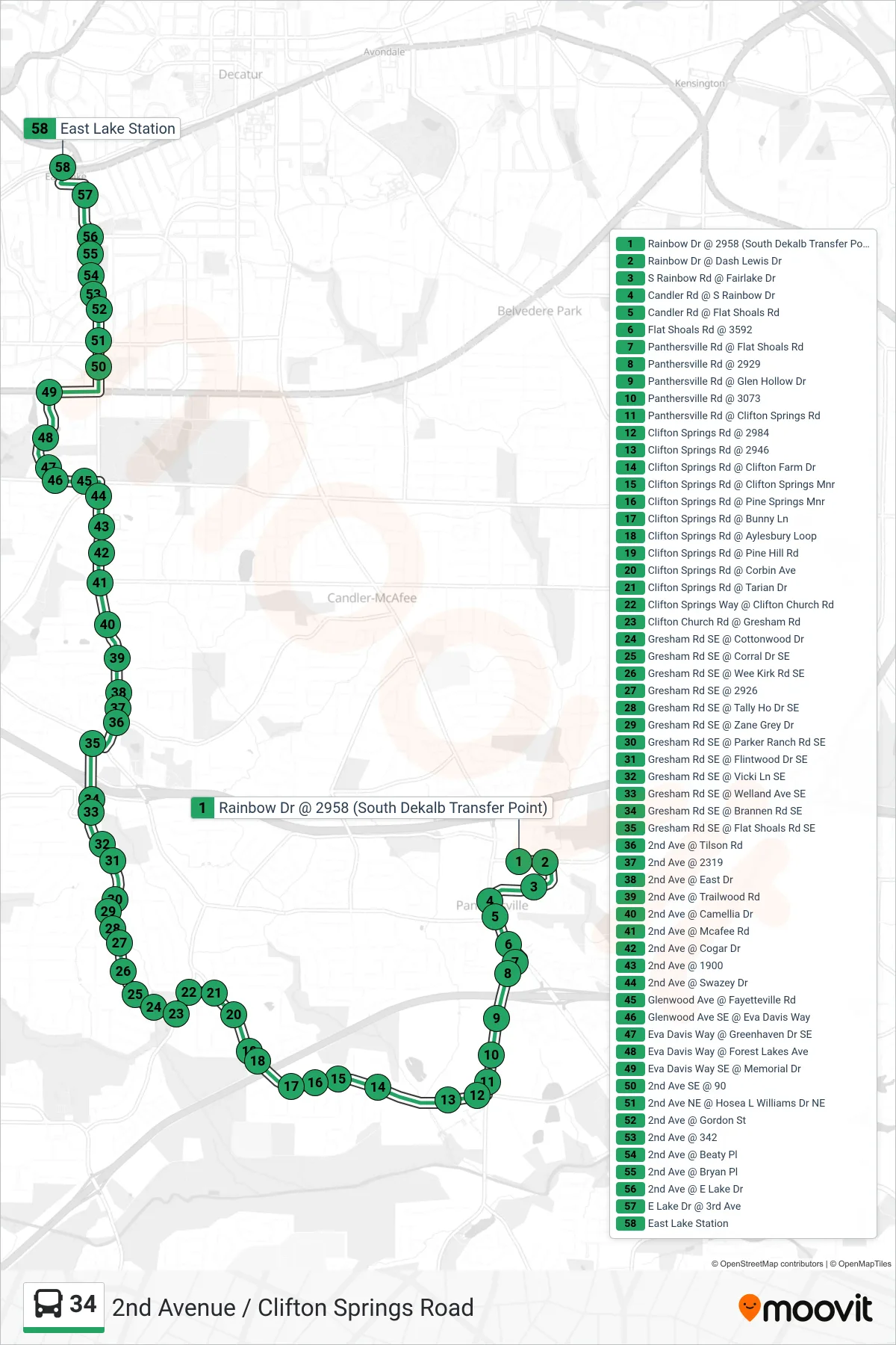 34 bus Line (East Lake Stn) route and stops on a map