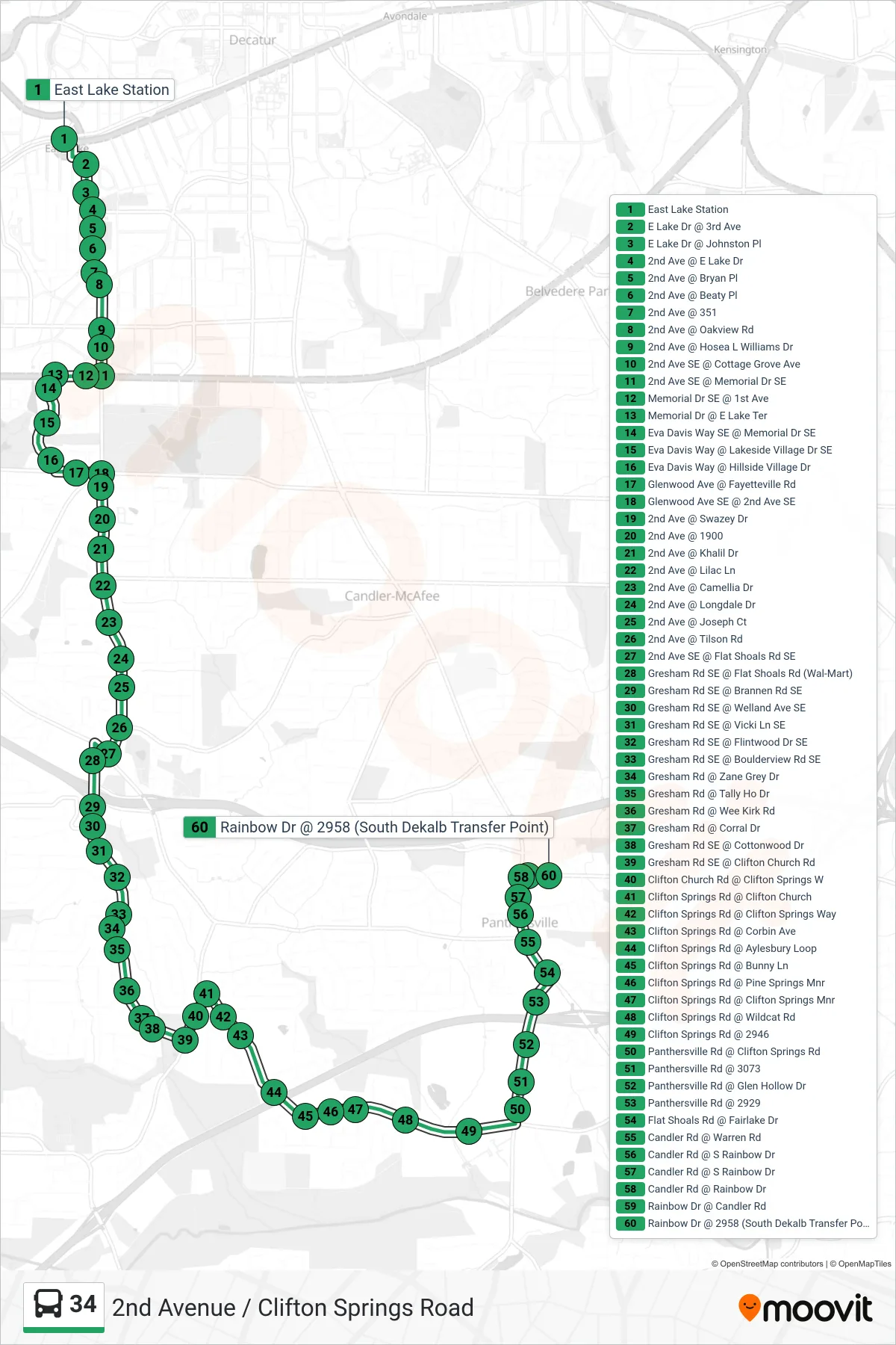34 bus Line (S Dekalb Transfer) route and stops on a map