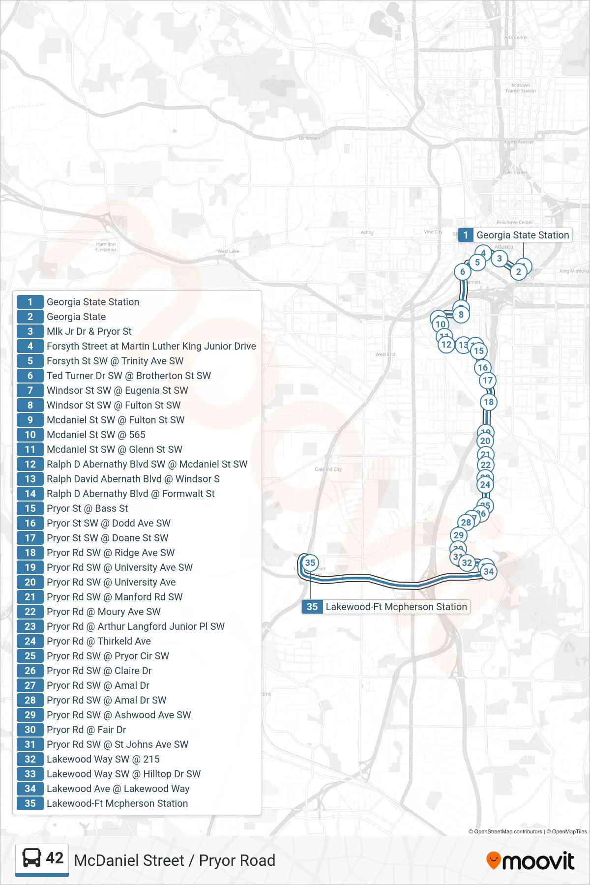42 bus Line (Lakewood Stn) route and stops on a map