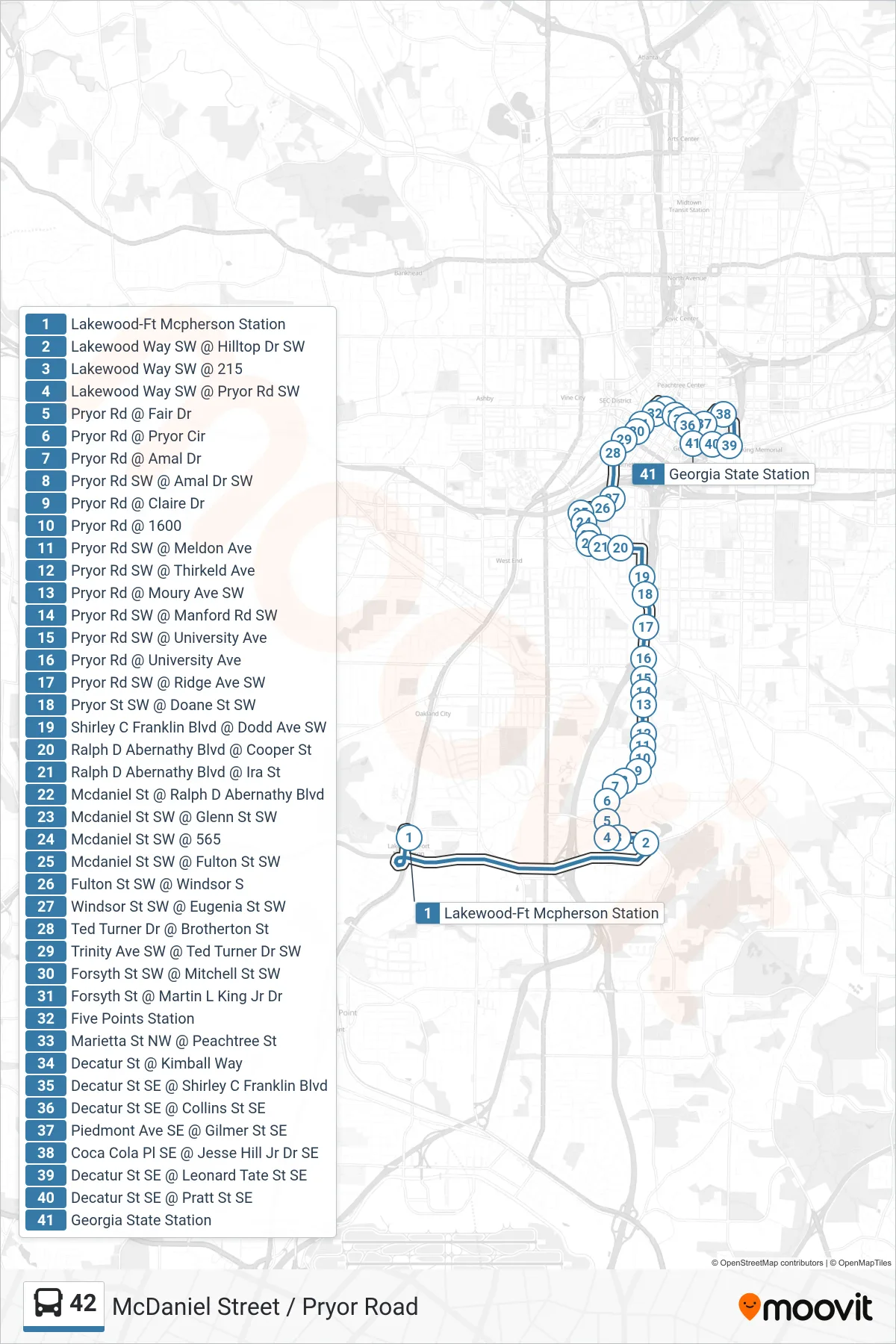 42 bus Line (Five Points Stn) route and stops on a map