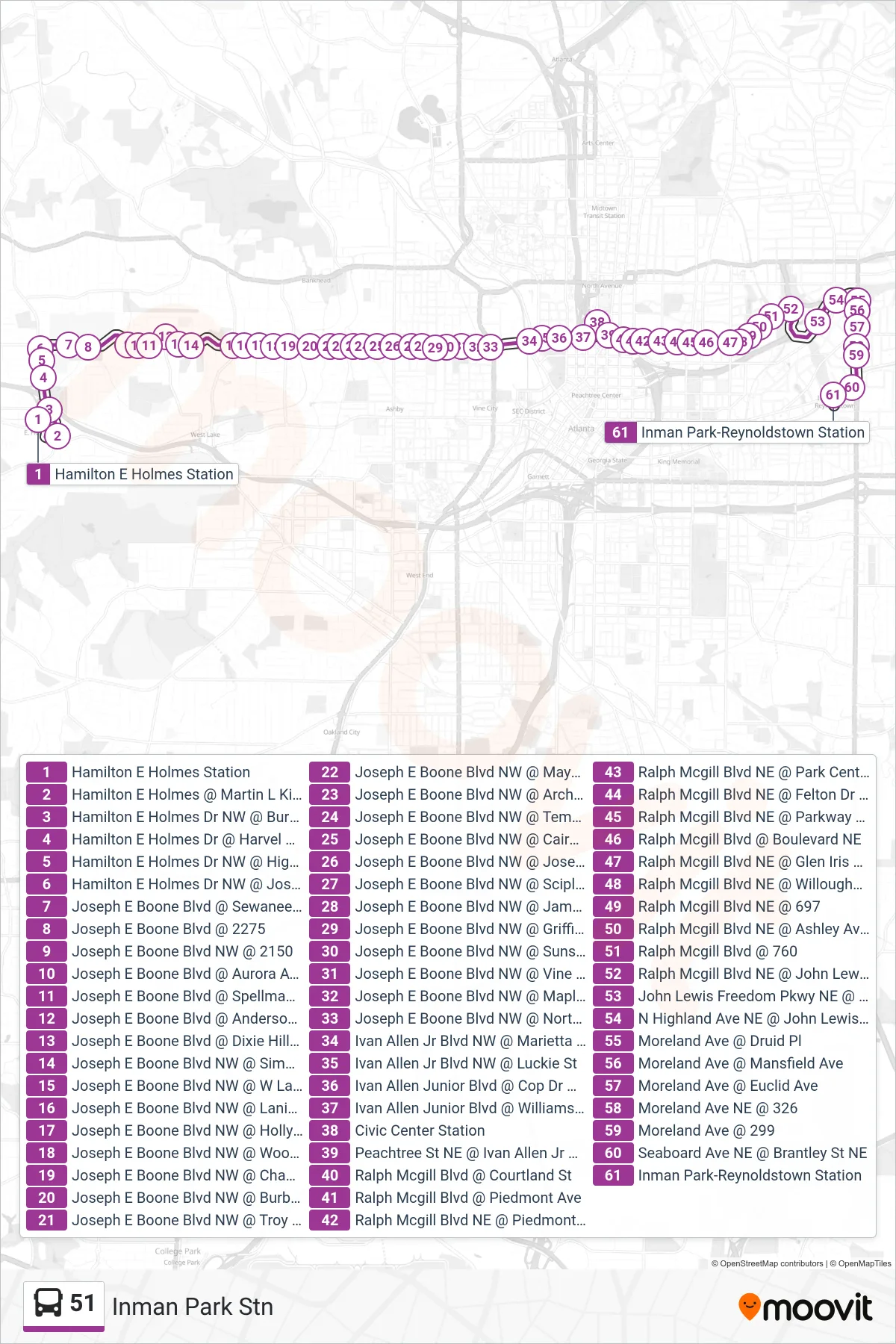 51 bus Line (Inman Park Stn) route and stops on a map