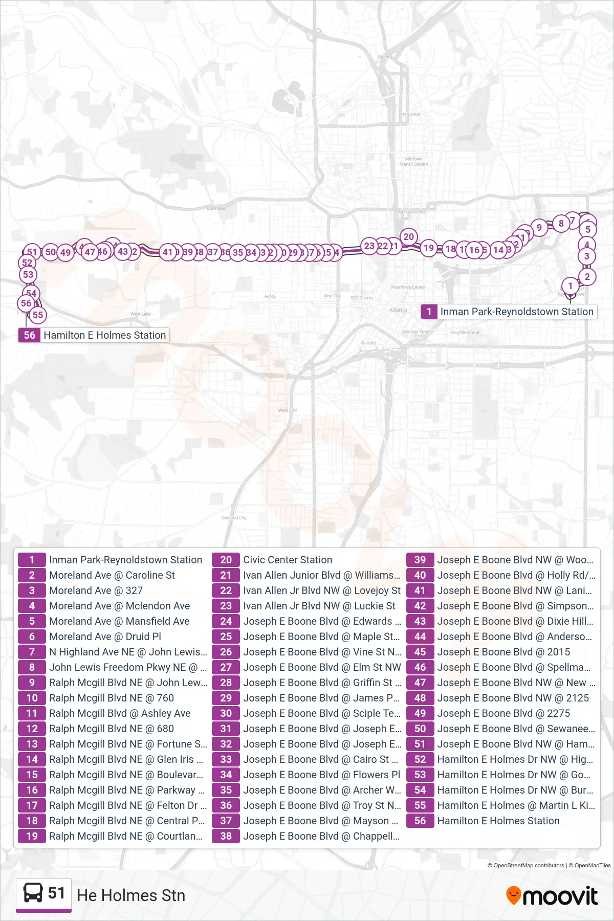 51 bus Line (He Holmes Stn) route and stops on a map