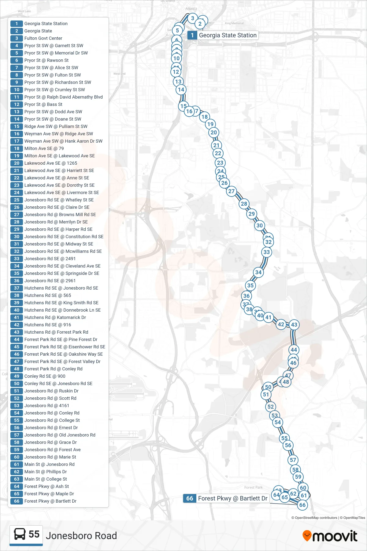 55 bus Line (Forest Park) route and stops on a map