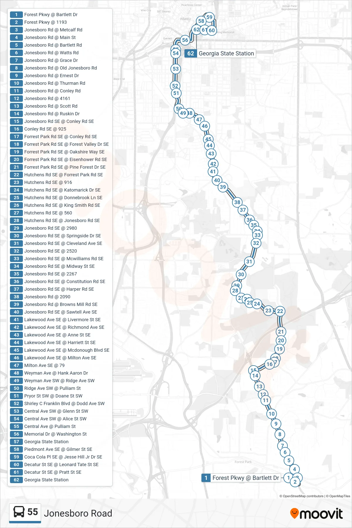 55 bus Line (Georgia State Stn) route and stops on a map