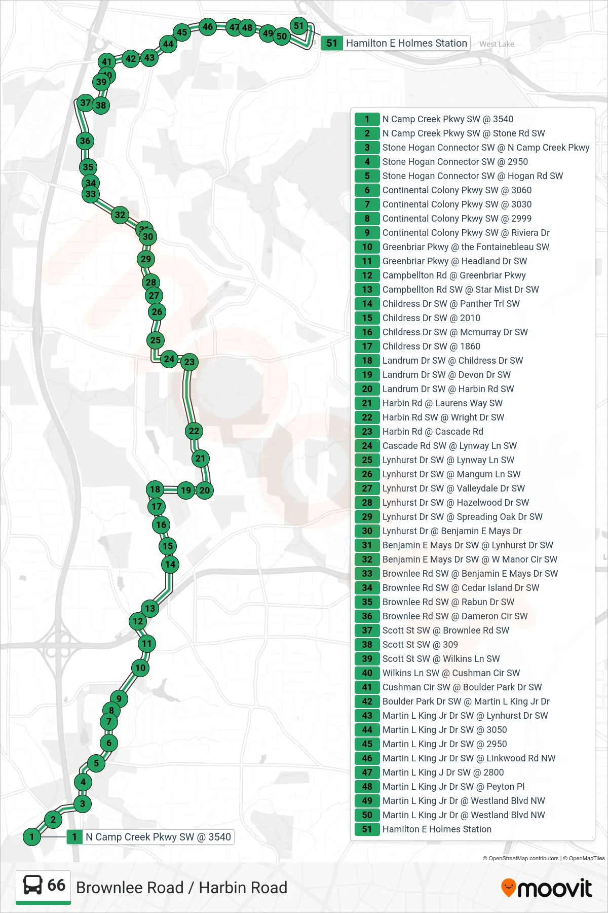 66 bus Line (He Holmes Stn) route and stops on a map