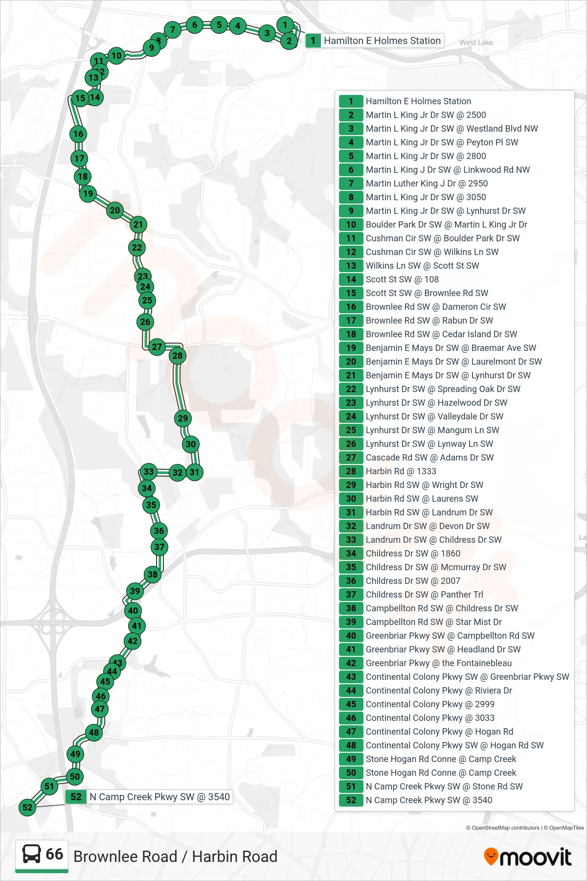 66 bus Line (N Camp Creek Pky) route and stops on a map