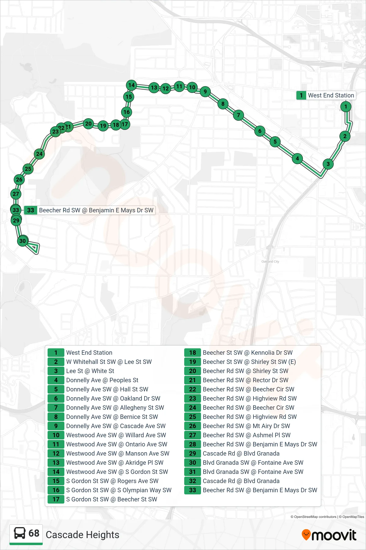 68 bus Line (Cascade Heights) route and stops on a map