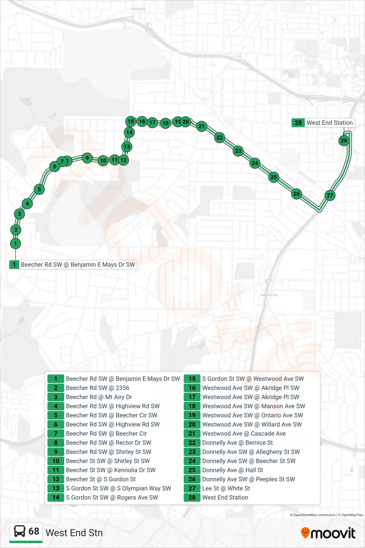 68 bus Line (West End Stn) route and stops on a map