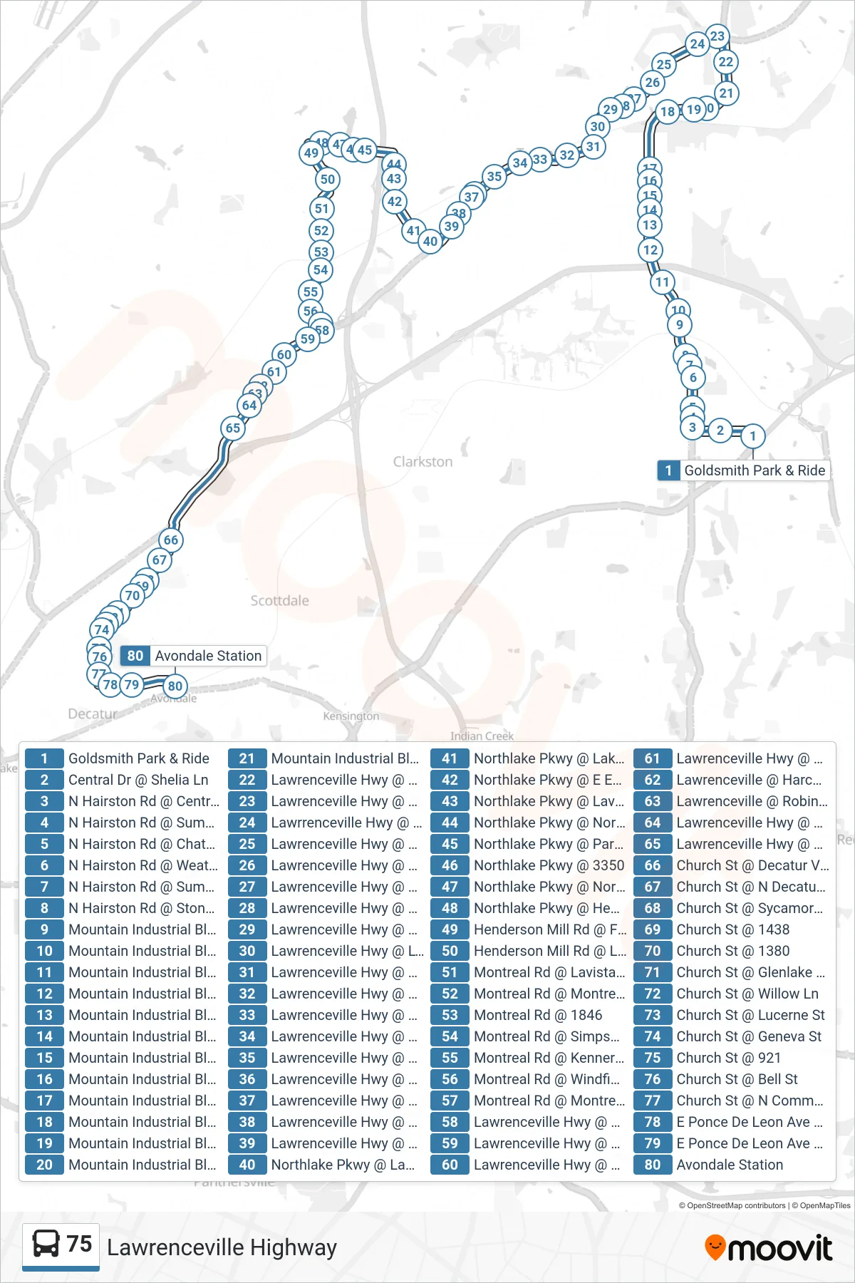 75 bus Line (Avondale Stn) route and stops on a map