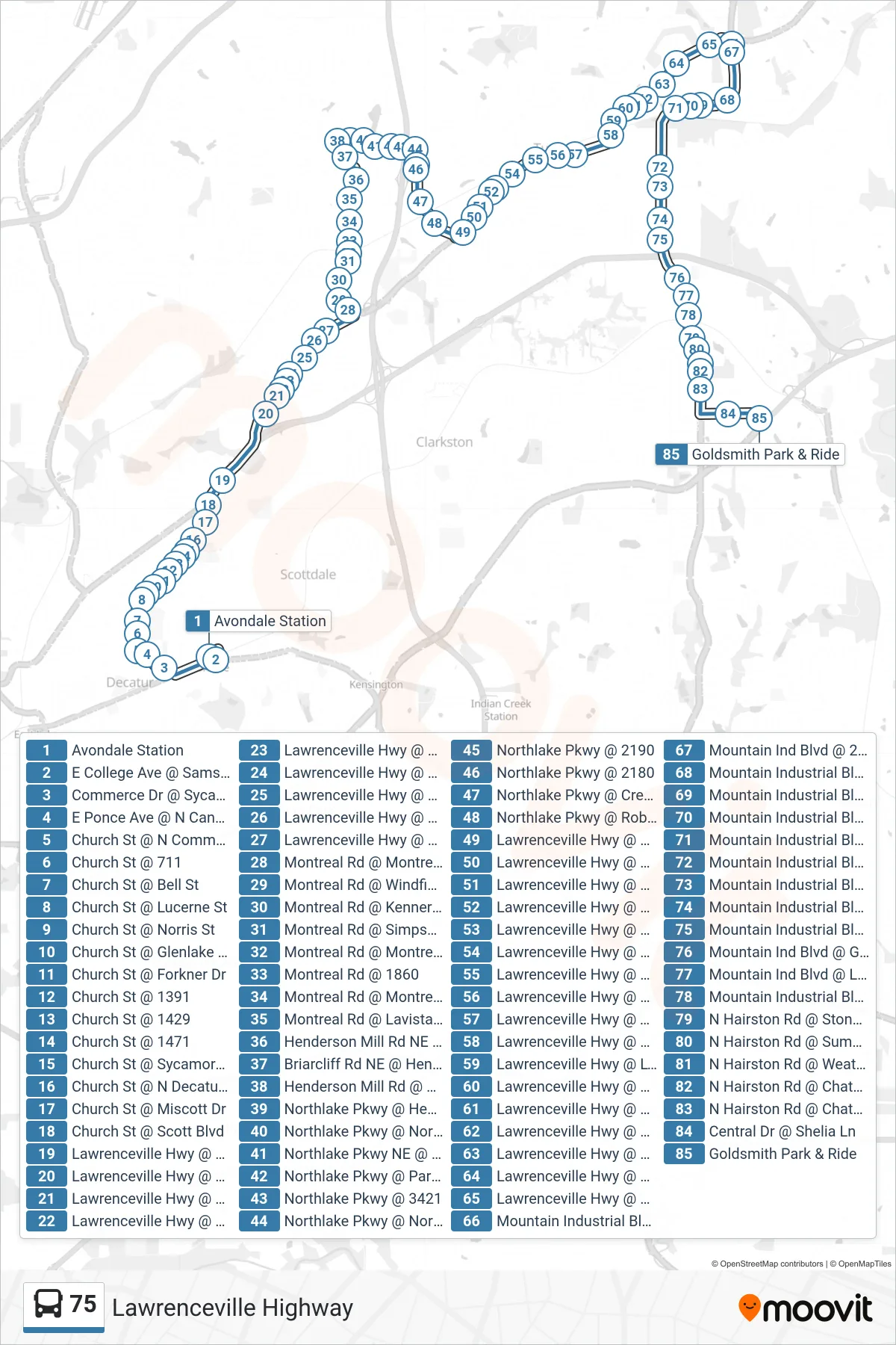 75 bus Line (Goldsmith P&R) route and stops on a map