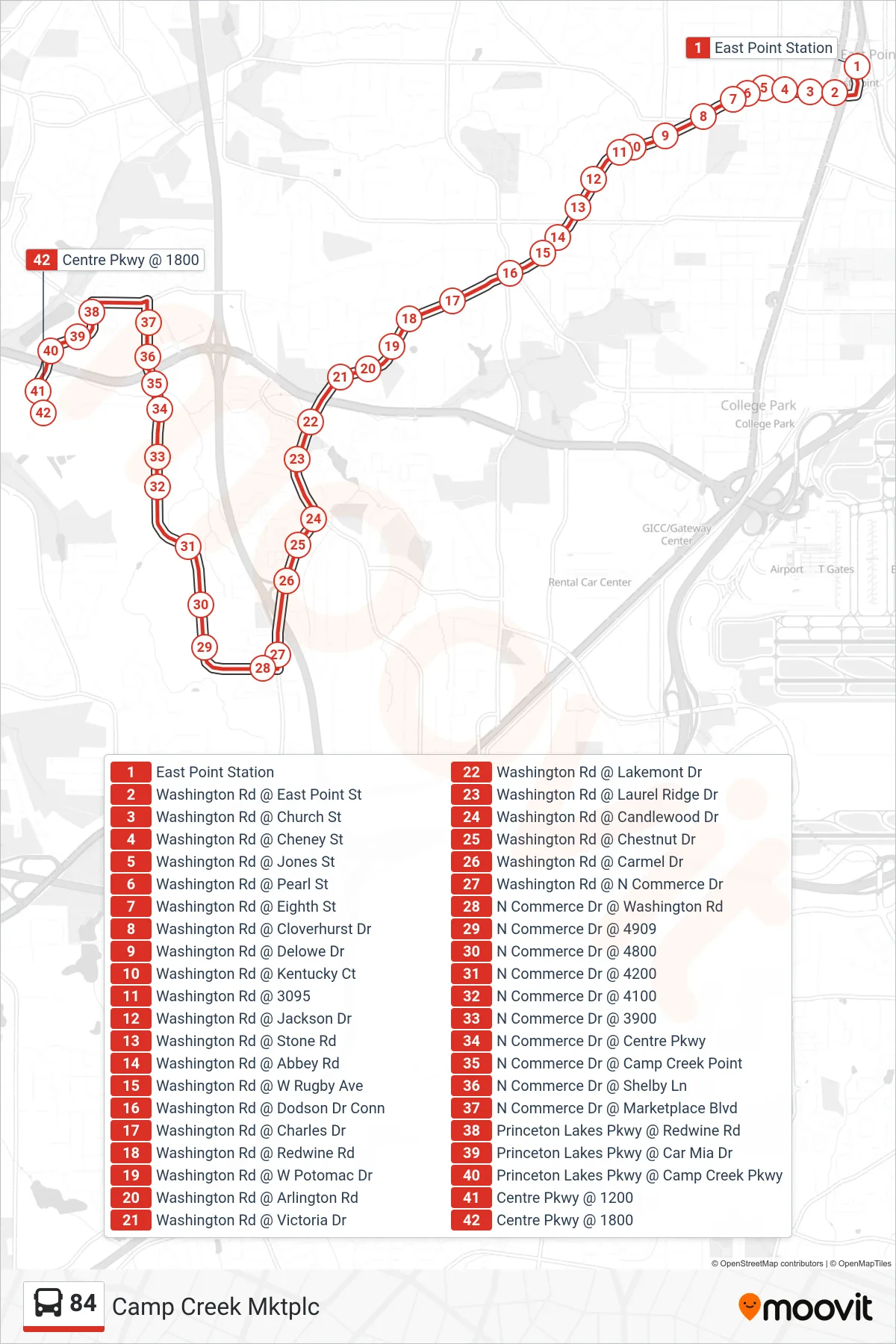 84 bus Line (Camp Creek Mktplc) route and stops on a map