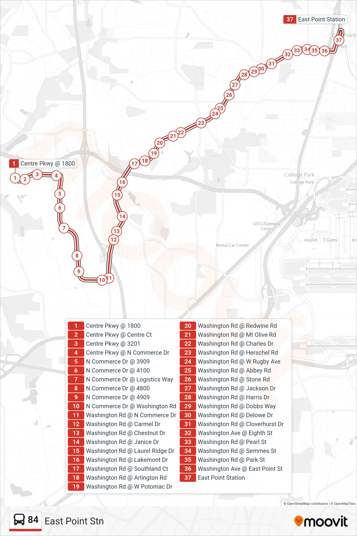 84 bus Line (East Point Stn) route and stops on a map
