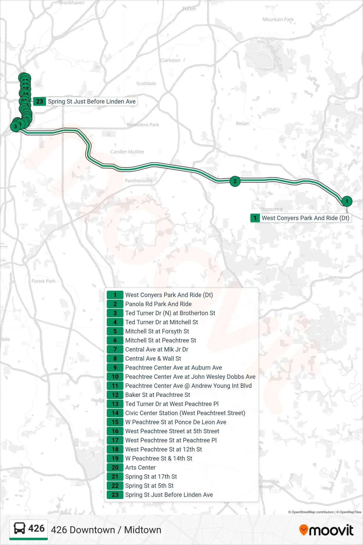426 bus Line (426 Downtown / Midtown) route and stops on a map
