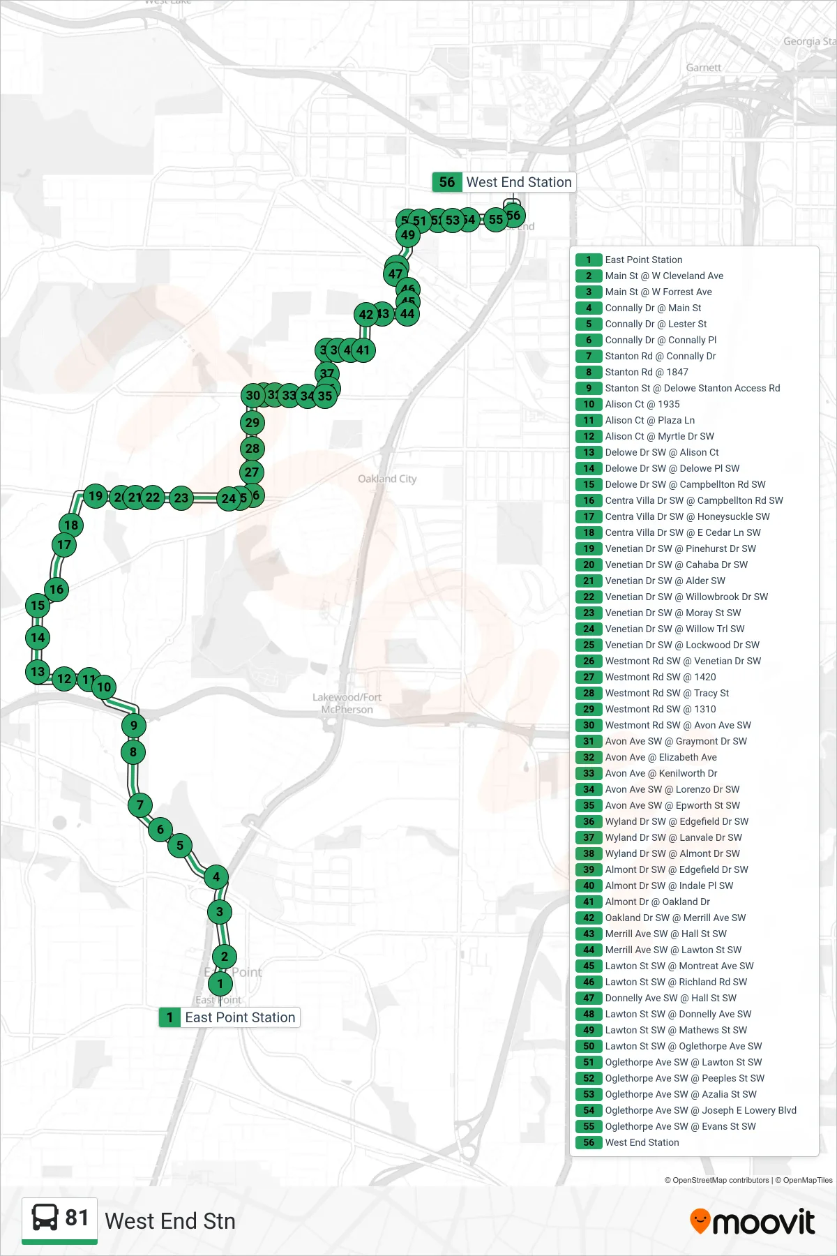 81 bus Line (West End Stn) route and stops on a map