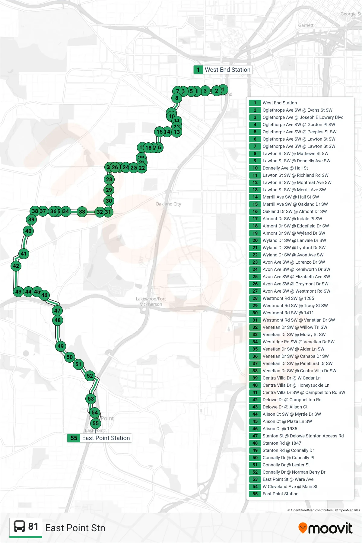 81 bus Line (East Point Stn) route and stops on a map