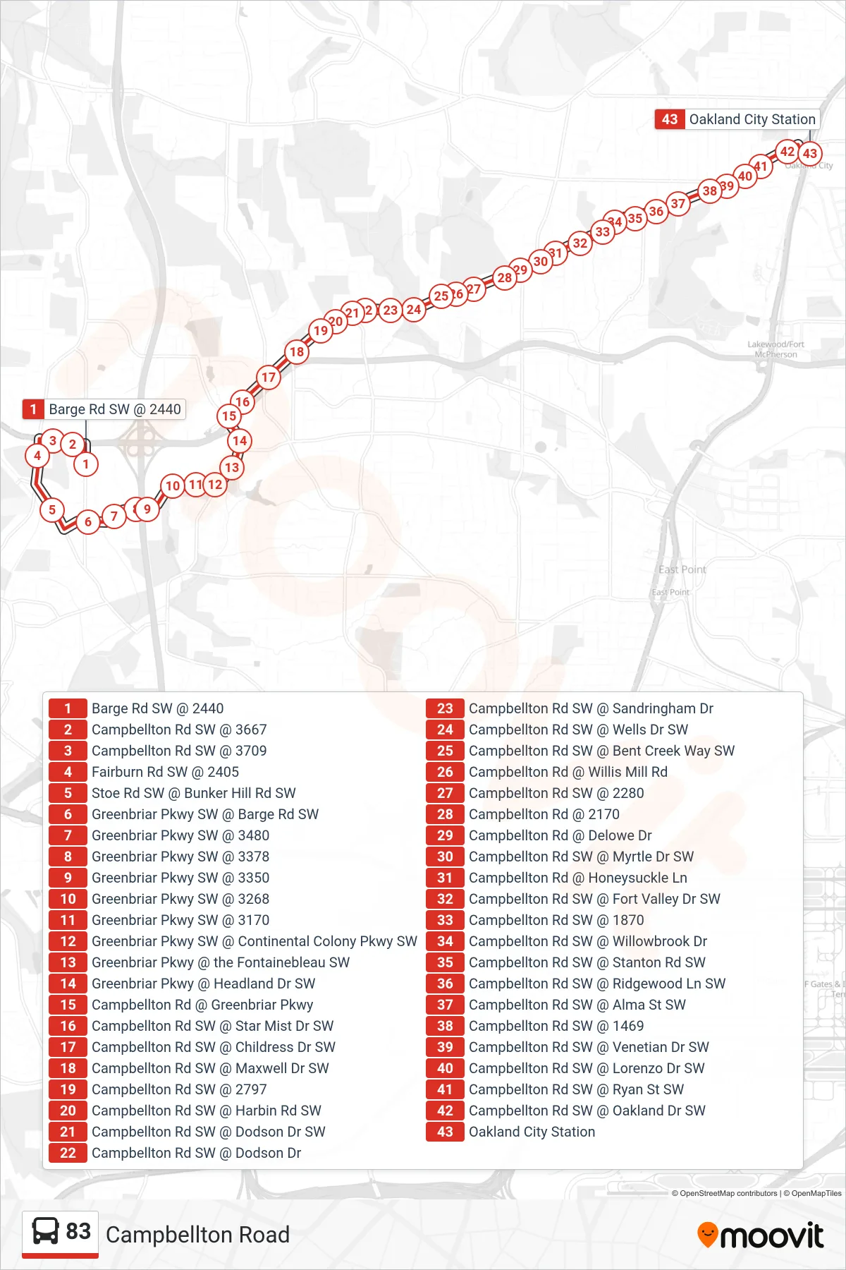 83 bus Line (Oakland City Stn) route and stops on a map