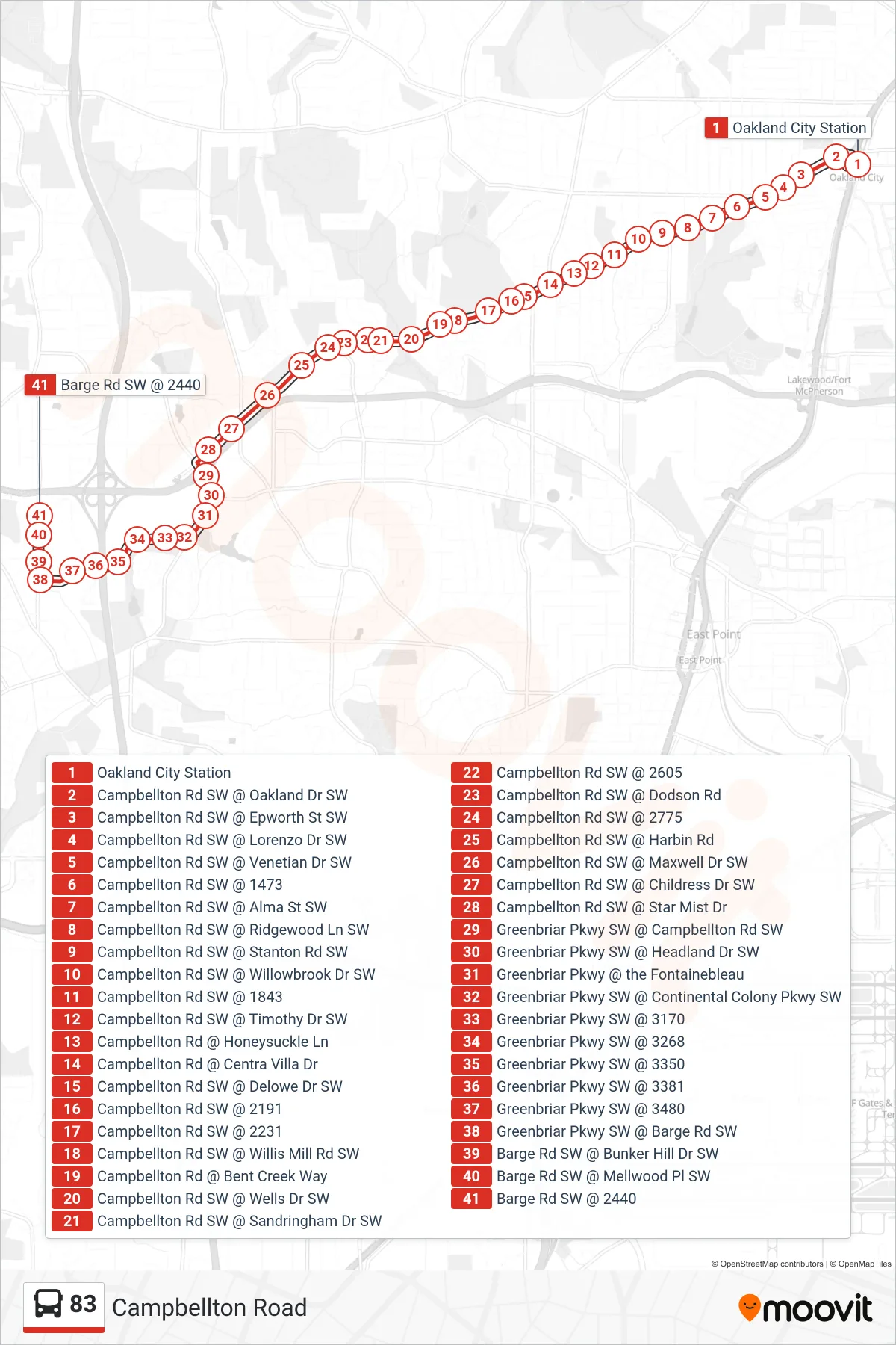 83 bus Line (Barge Rd) route and stops on a map