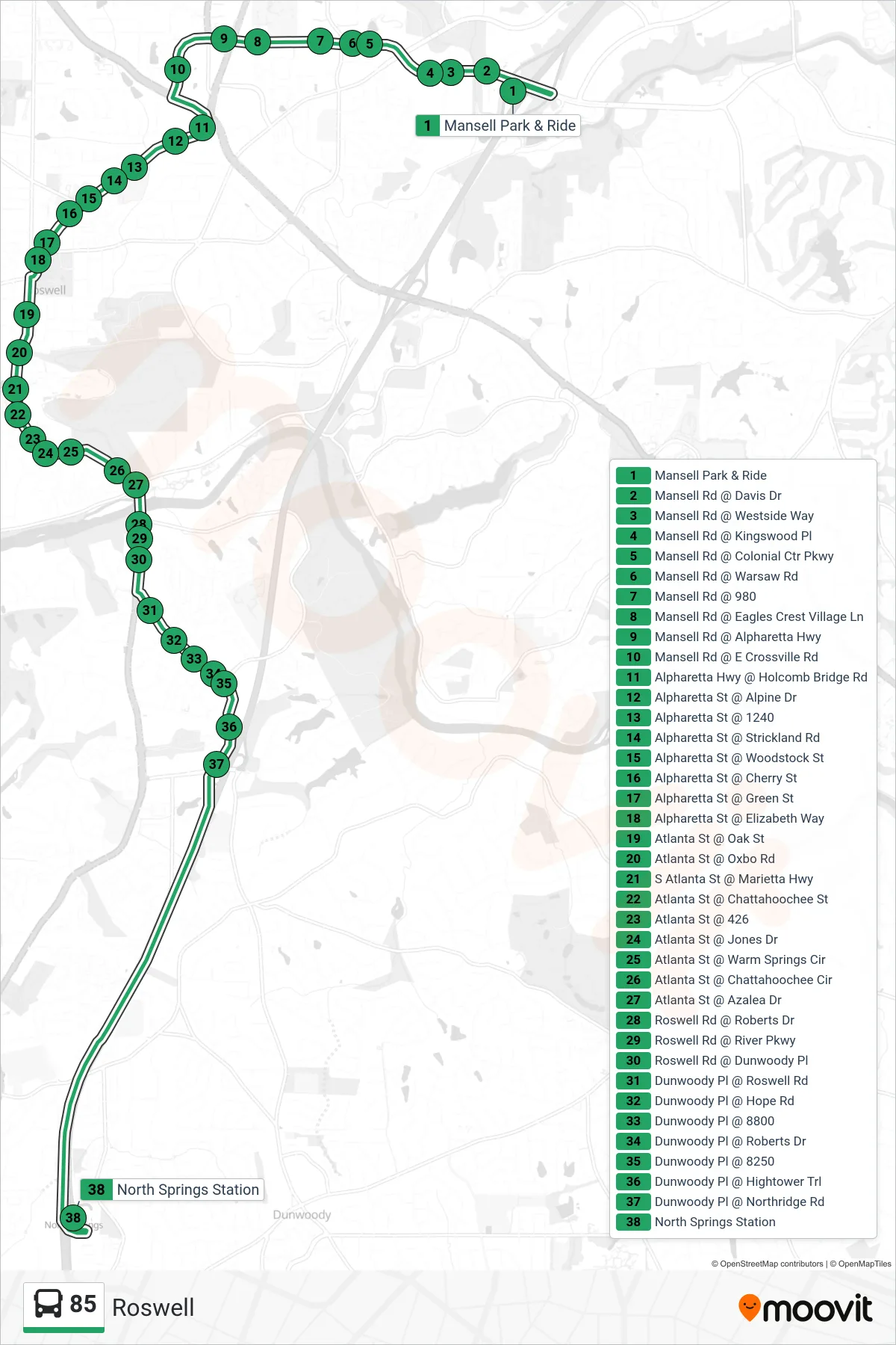 85 bus Line (North Springs Stn) route and stops on a map