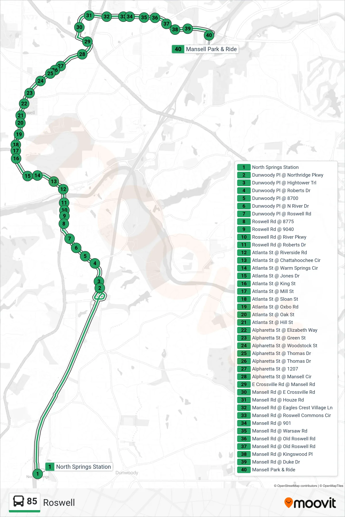 85 bus Line (Mansell P&R) route and stops on a map
