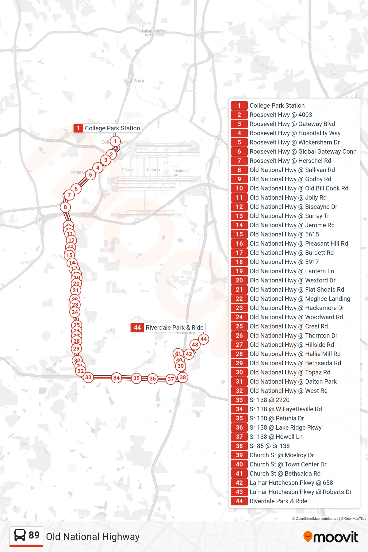 89 bus Line (Riverdale P&R) route and stops on a map