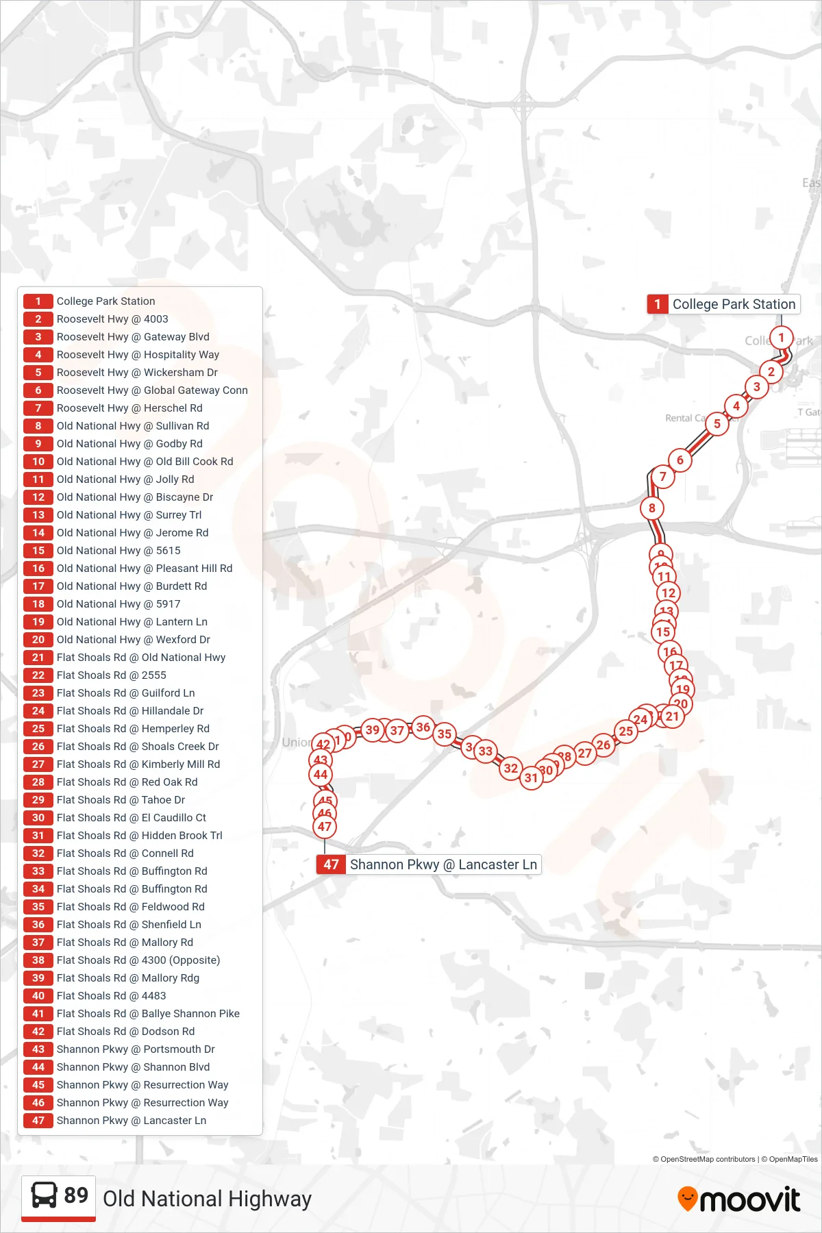 89 bus Line (S Fulton Transfer Via Shannon Pkwy) route and stops on a map