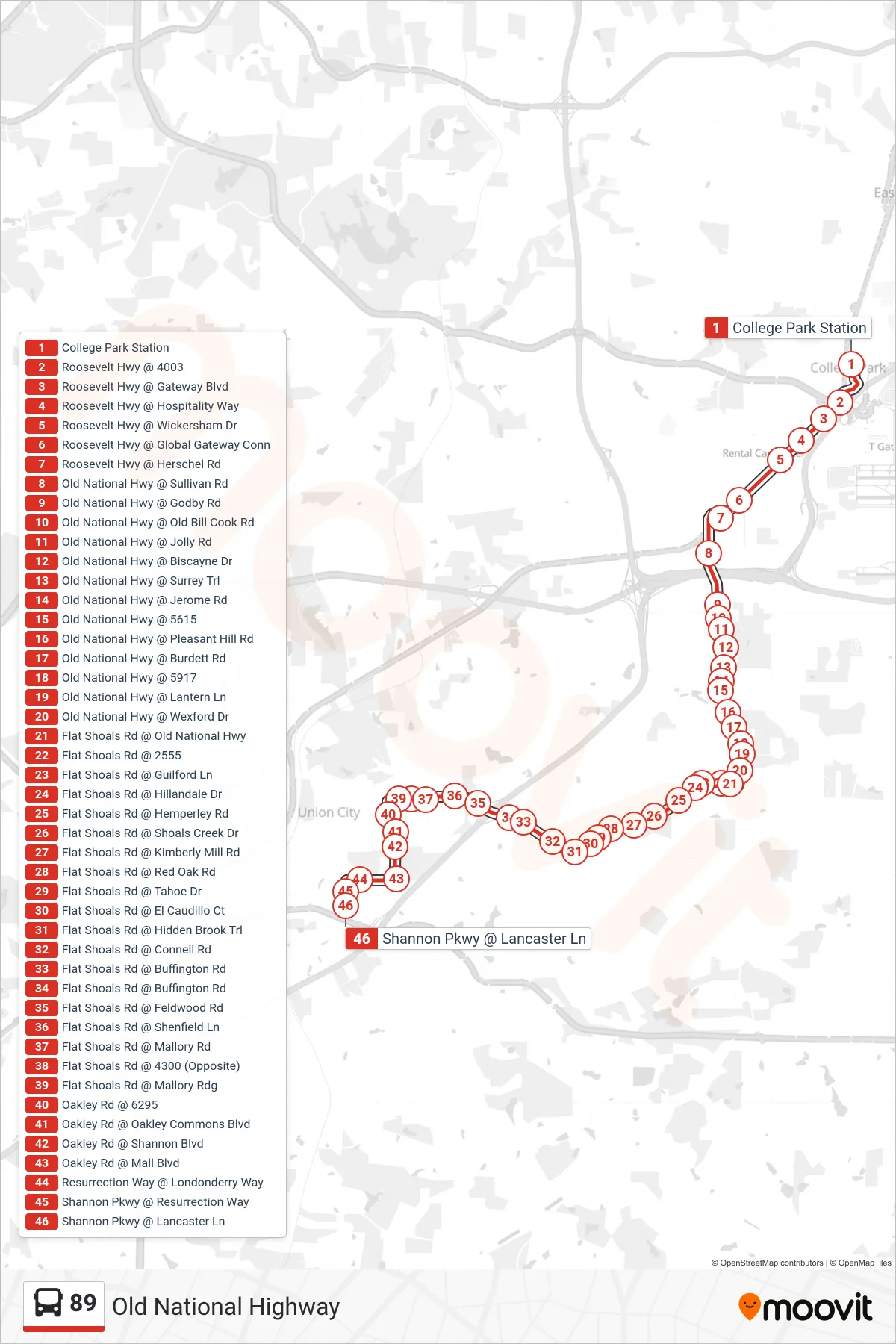 89 bus Line (S Fulton Transfer Via Oakley Rd) route and stops on a map