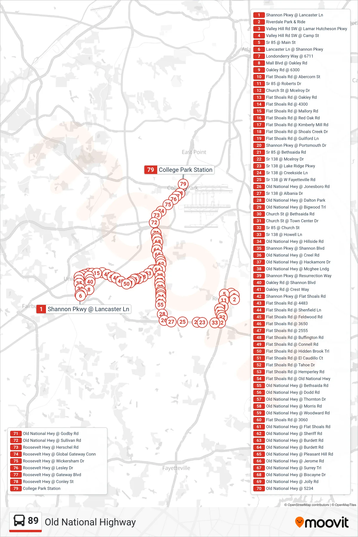 89 bus Line (College Park Stn) route and stops on a map