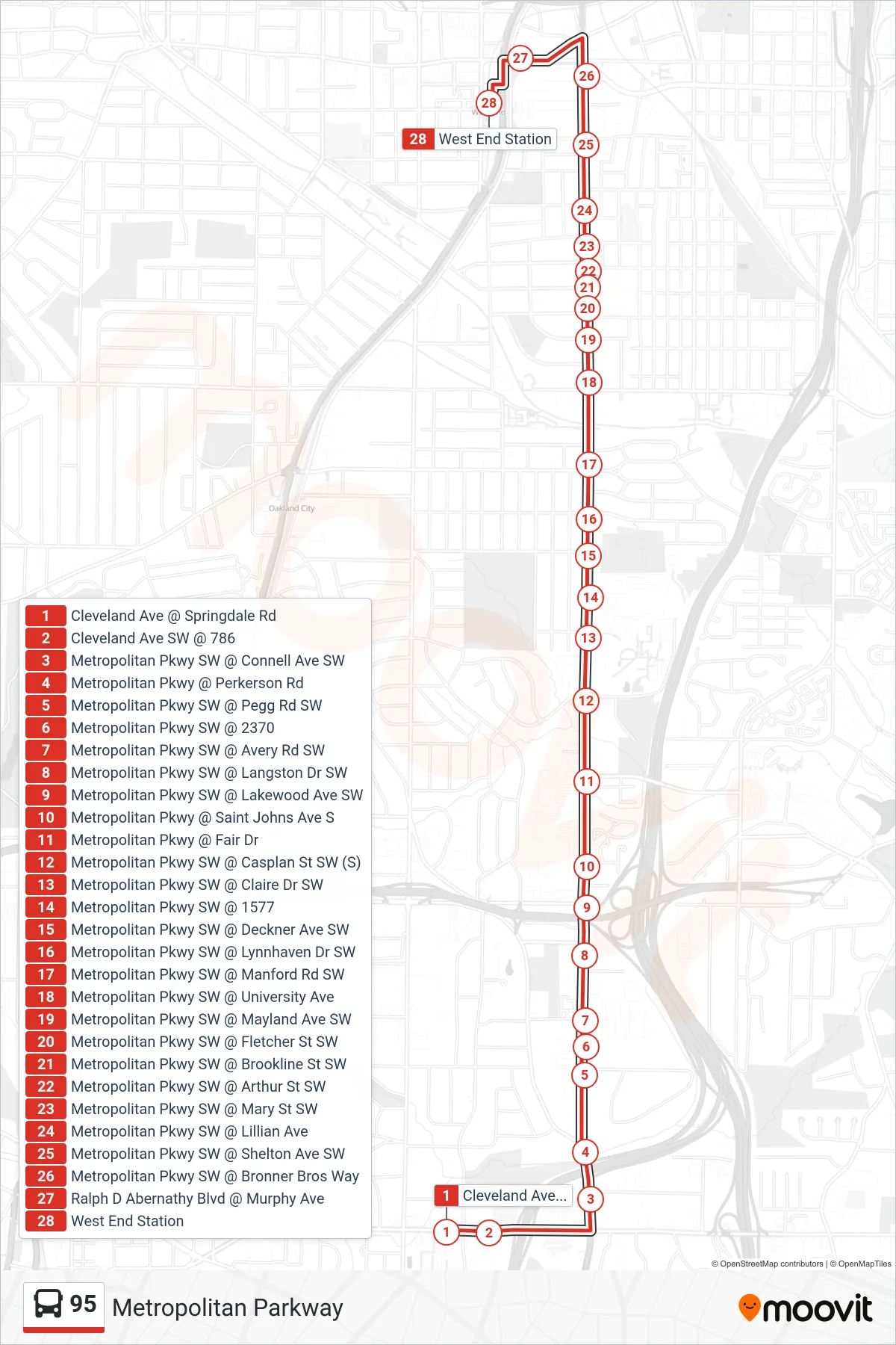 95 bus Line (West End Stn) route and stops on a map