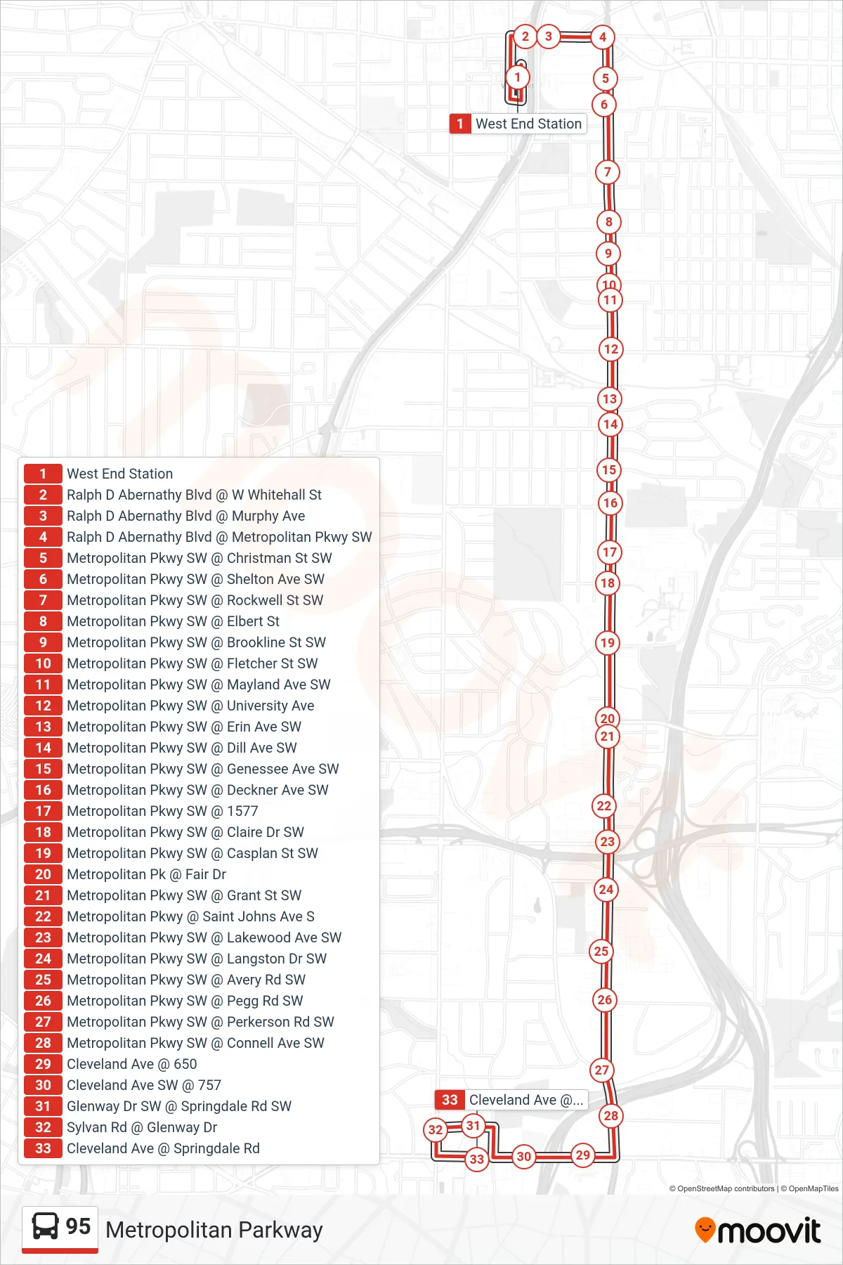 95 bus Line (Cleveland Ave) route and stops on a map