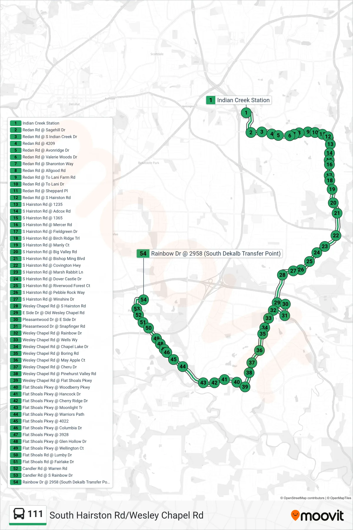 111 bus Line (S Dekalb Transfer) route and stops on a map