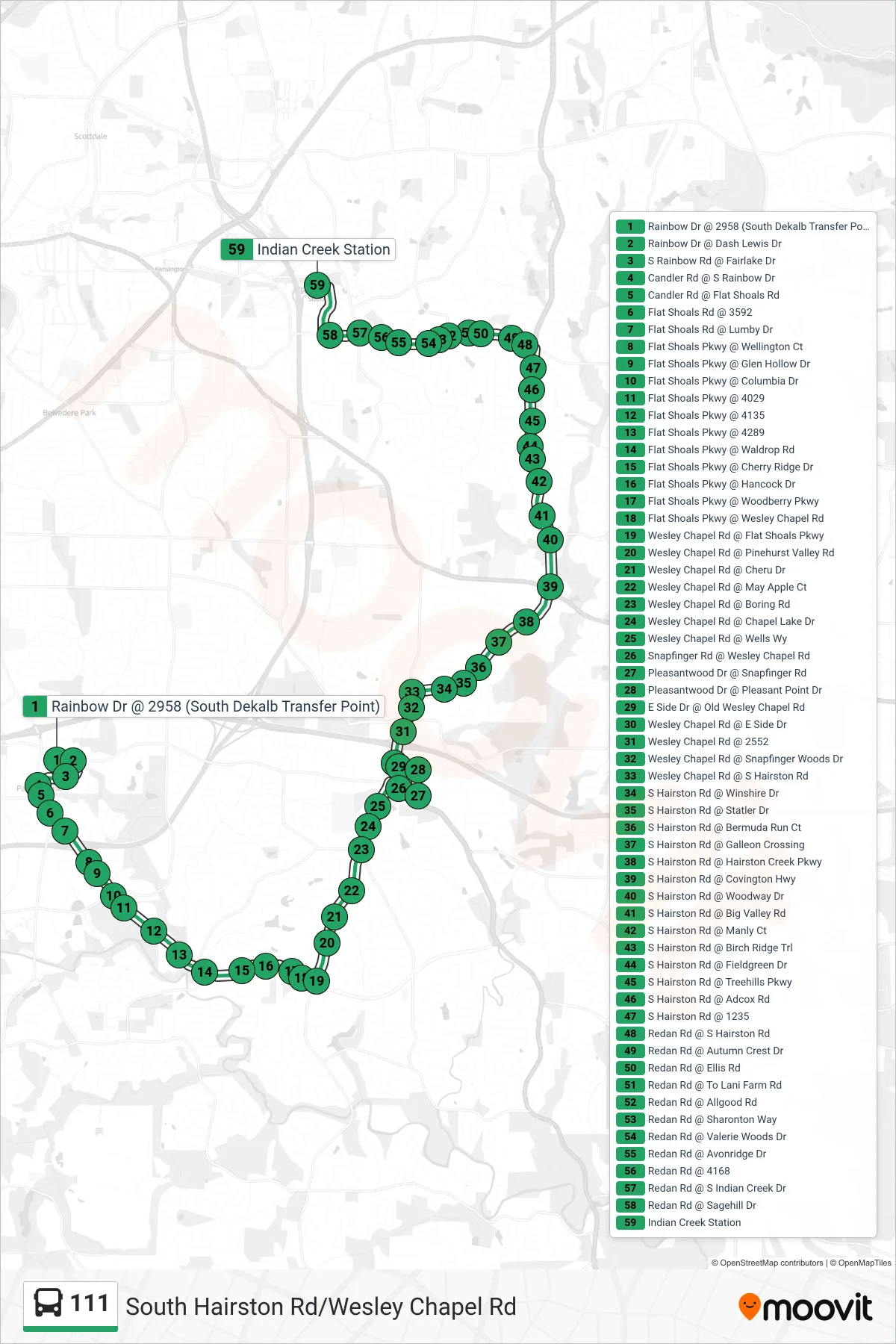 111 bus Line (Indian Creek Stn) route and stops on a map