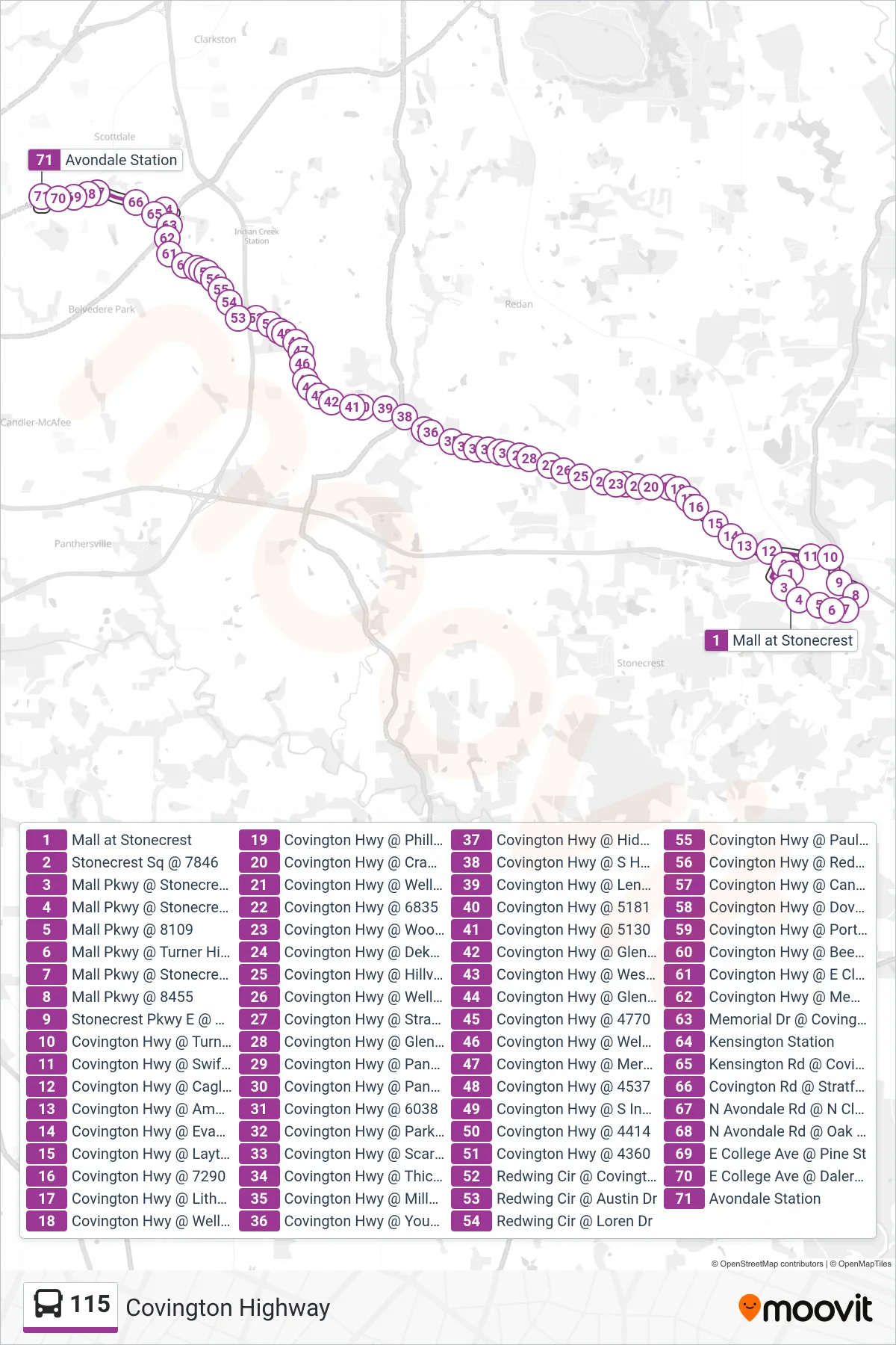 115 bus Line (Avondale Stn) route and stops on a map