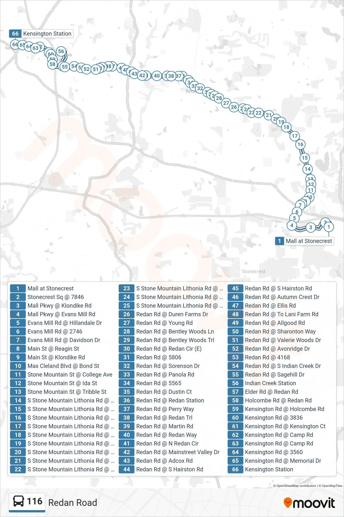 116 bus Line (Kensington Stn) route and stops on a map