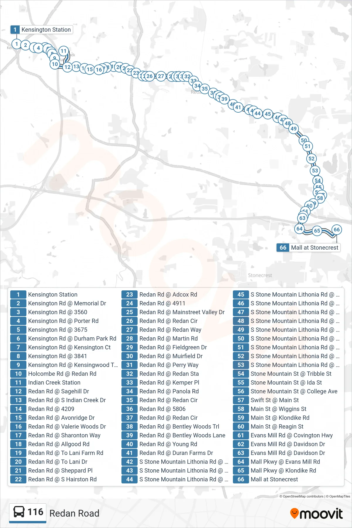 116 bus Line (Stonecrest Transfer) route and stops on a map