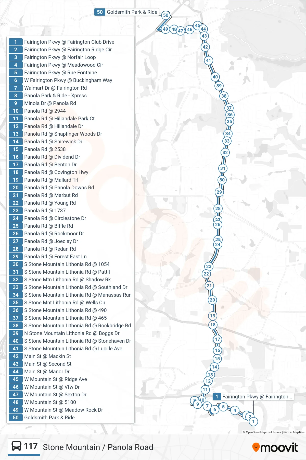 117 bus Line (Goldsmith P&R) route and stops on a map