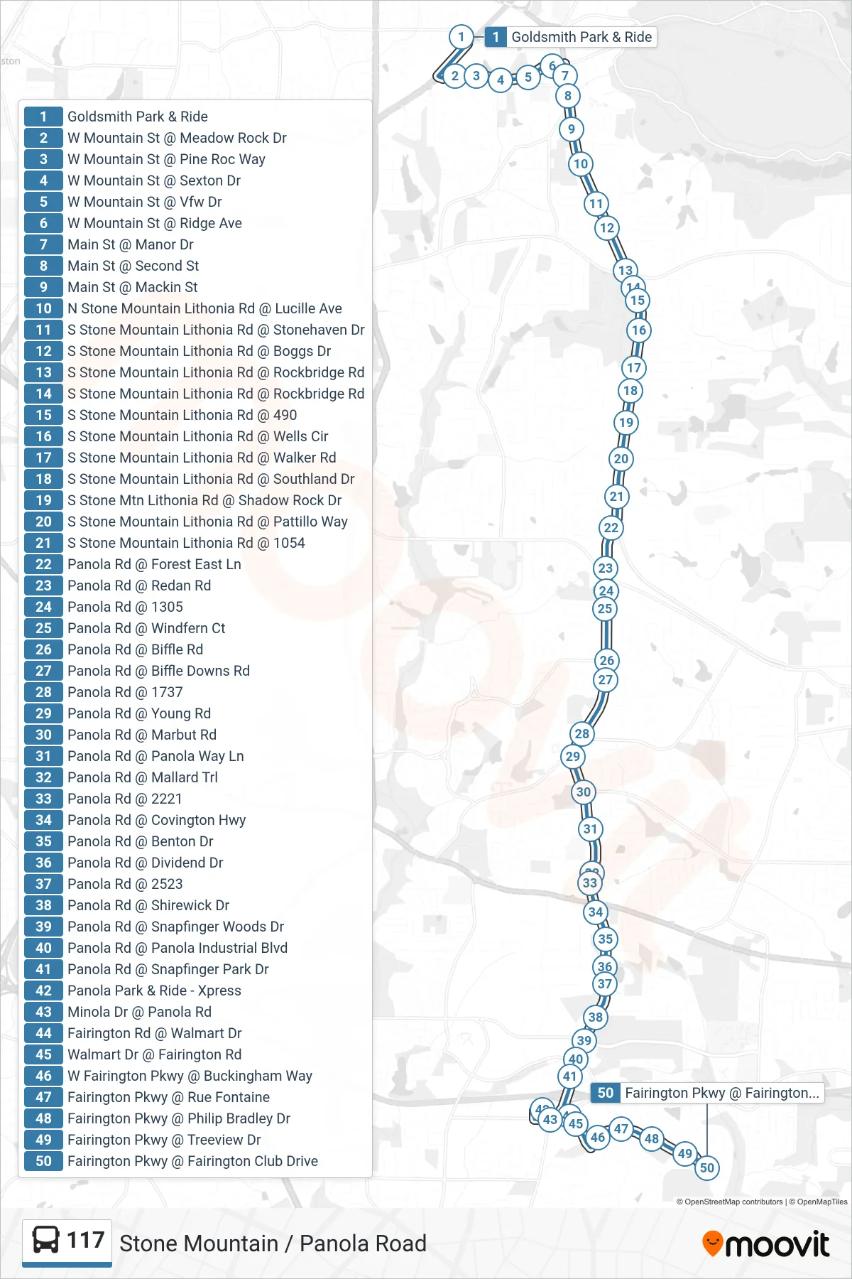 117 bus Line (Fairington Club Dr) route and stops on a map