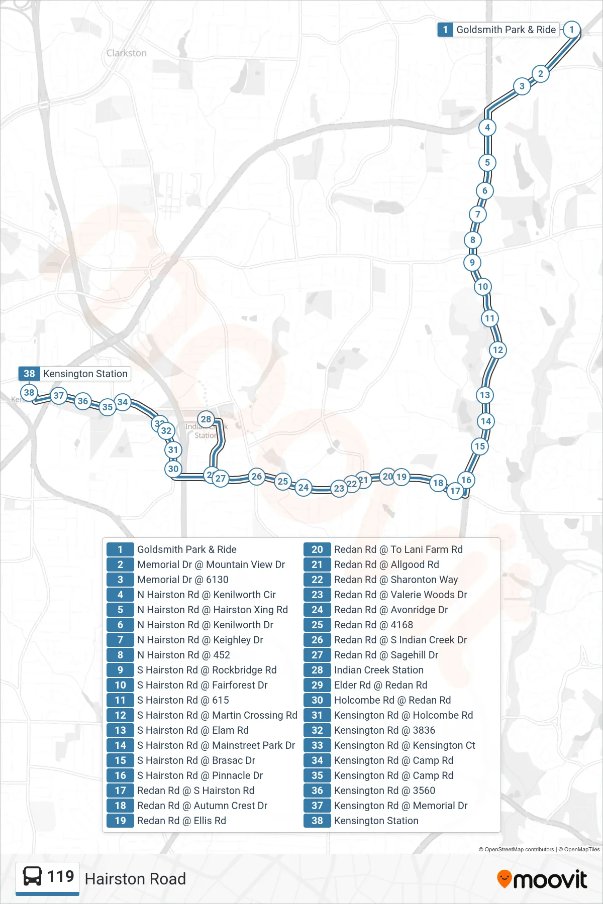 119 bus Line (Kensington Stn) route and stops on a map