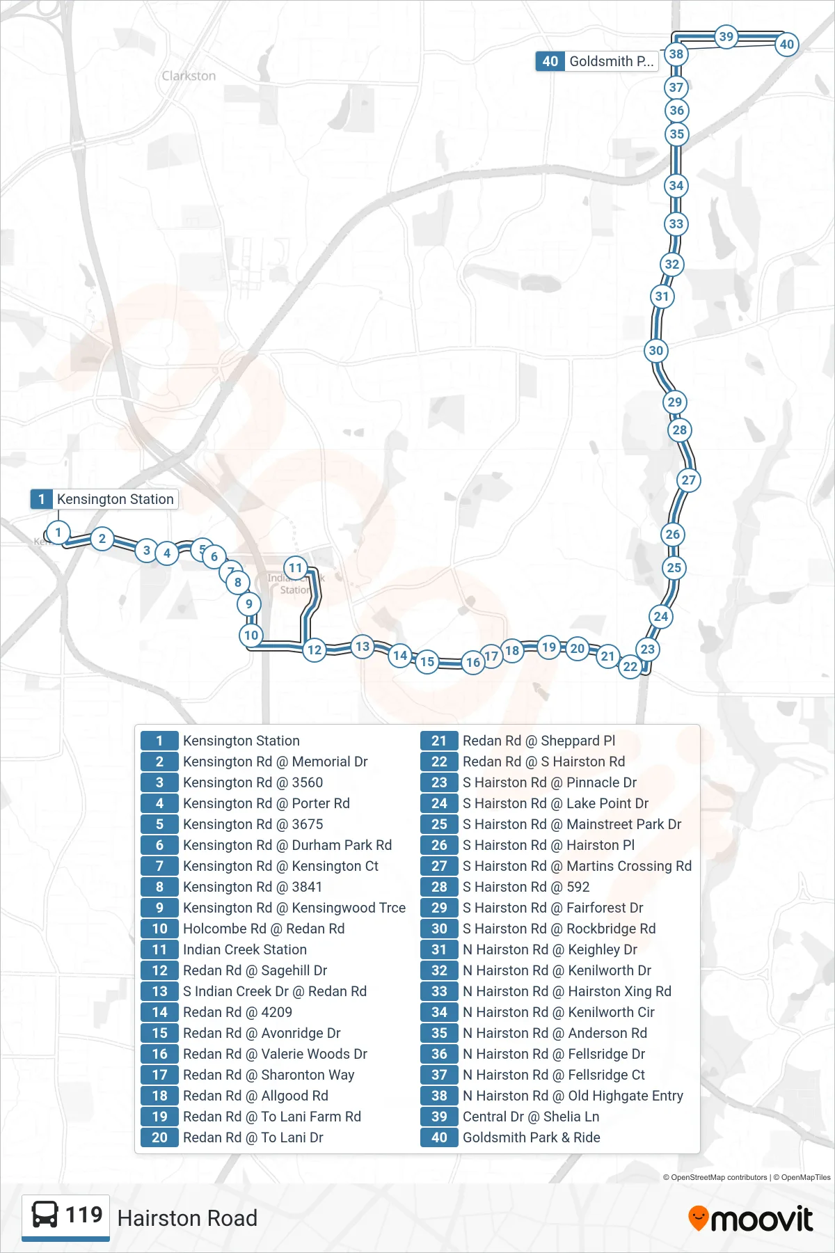 119 bus Line (Goldsmith P&R) route and stops on a map