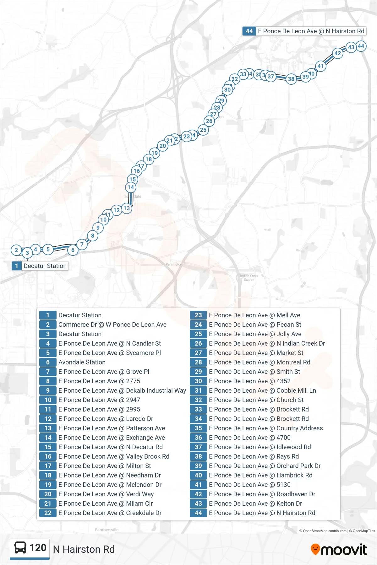 120 bus Line (N Hairston Rd) route and stops on a map