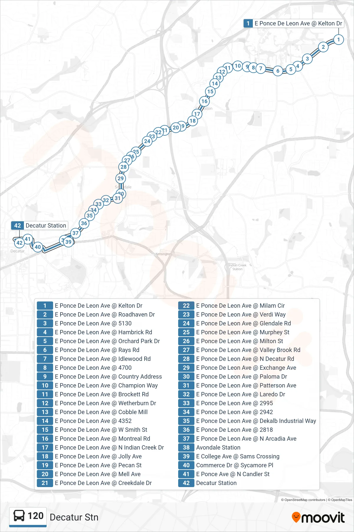 120 bus Line (Decatur Stn) route and stops on a map