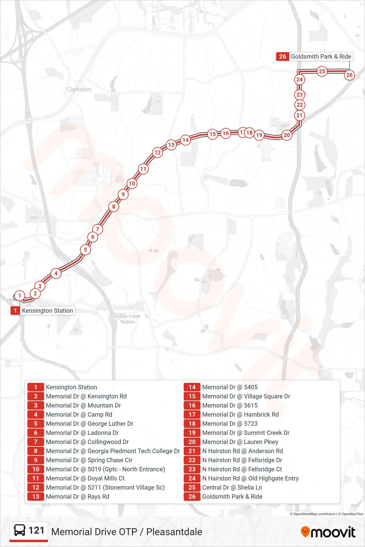 121 bus Line (Goldsmith P&R) route and stops on a map