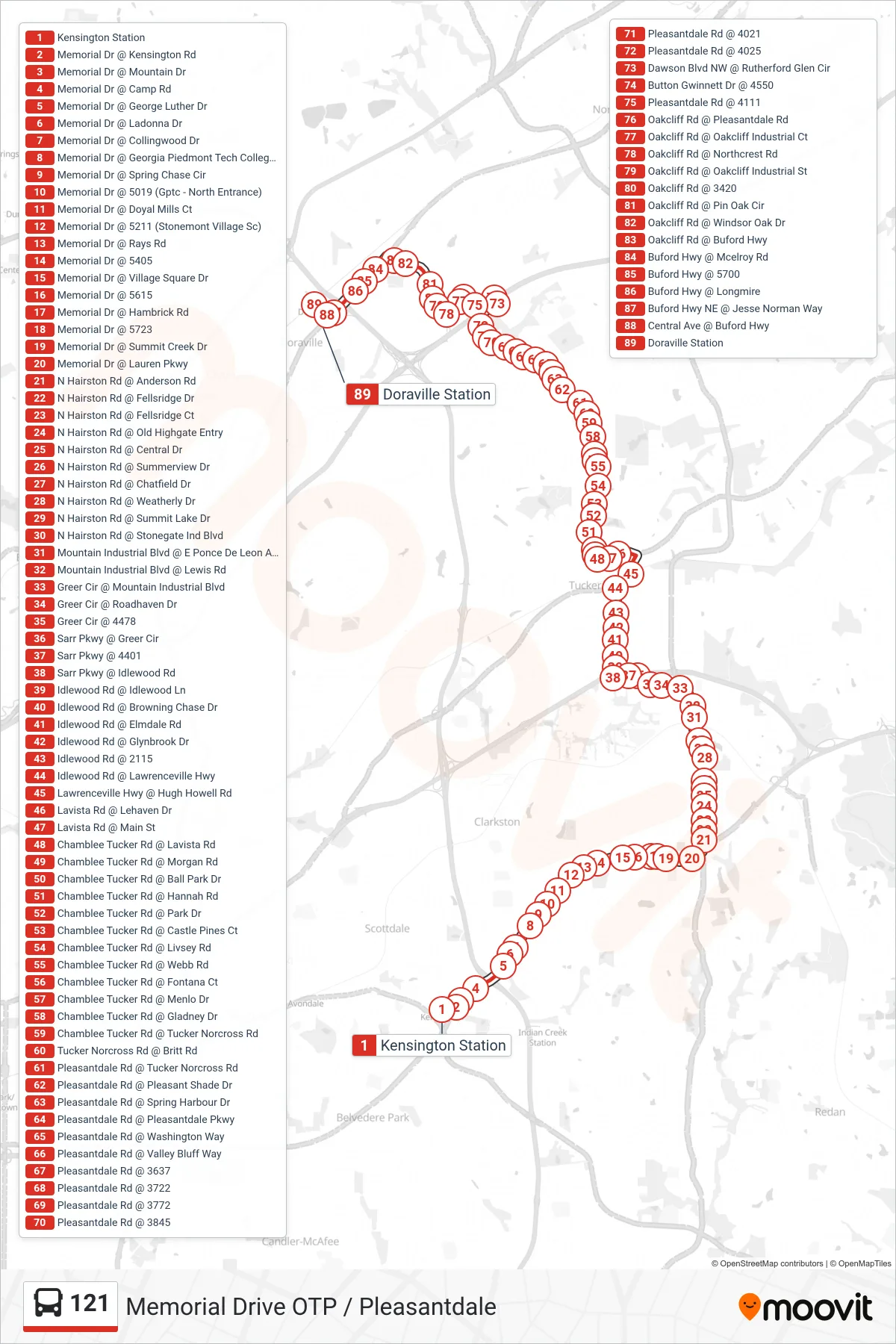 121 bus Line (Doraville Stn) route and stops on a map