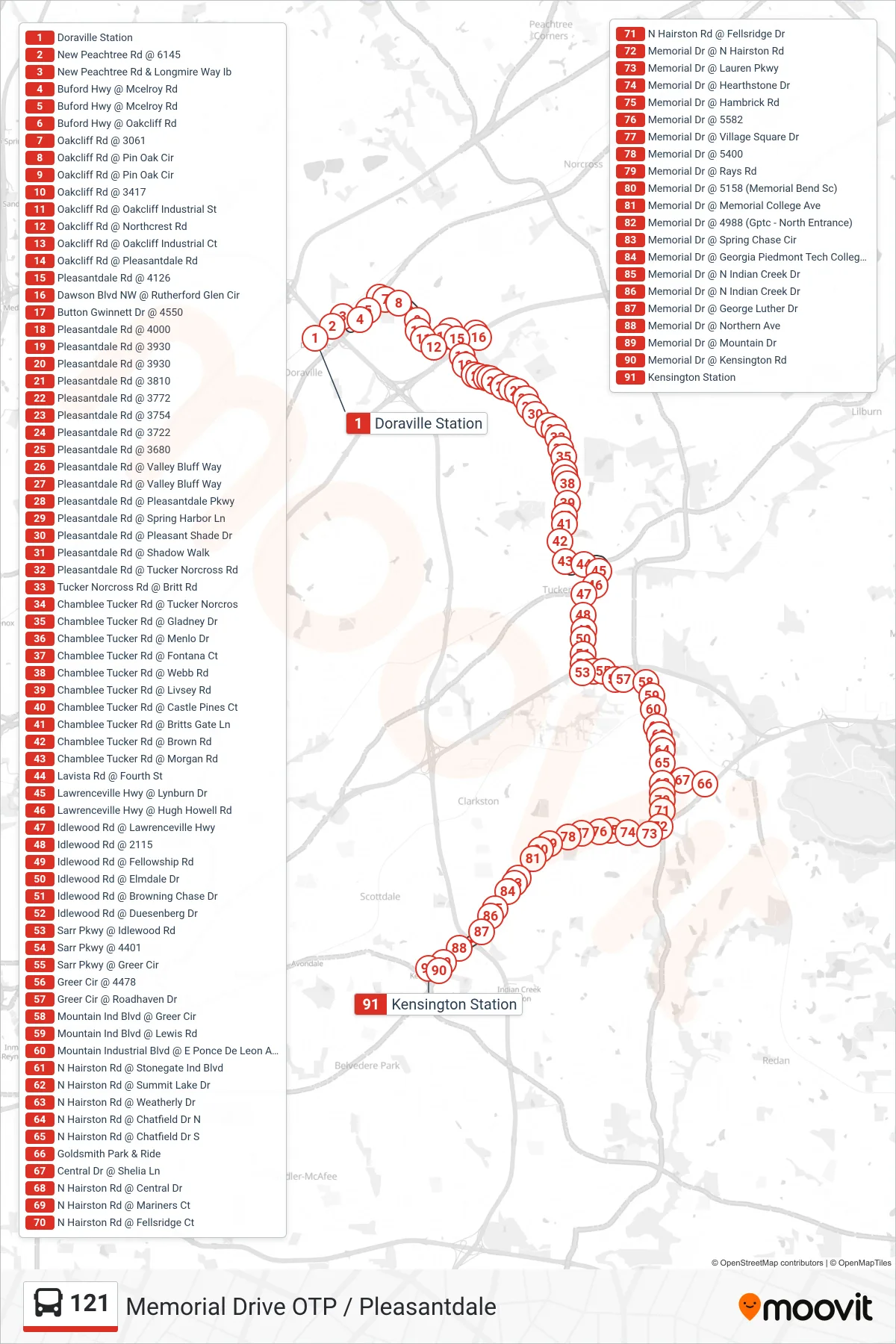 121 bus Line (Kensington Stn) route and stops on a map