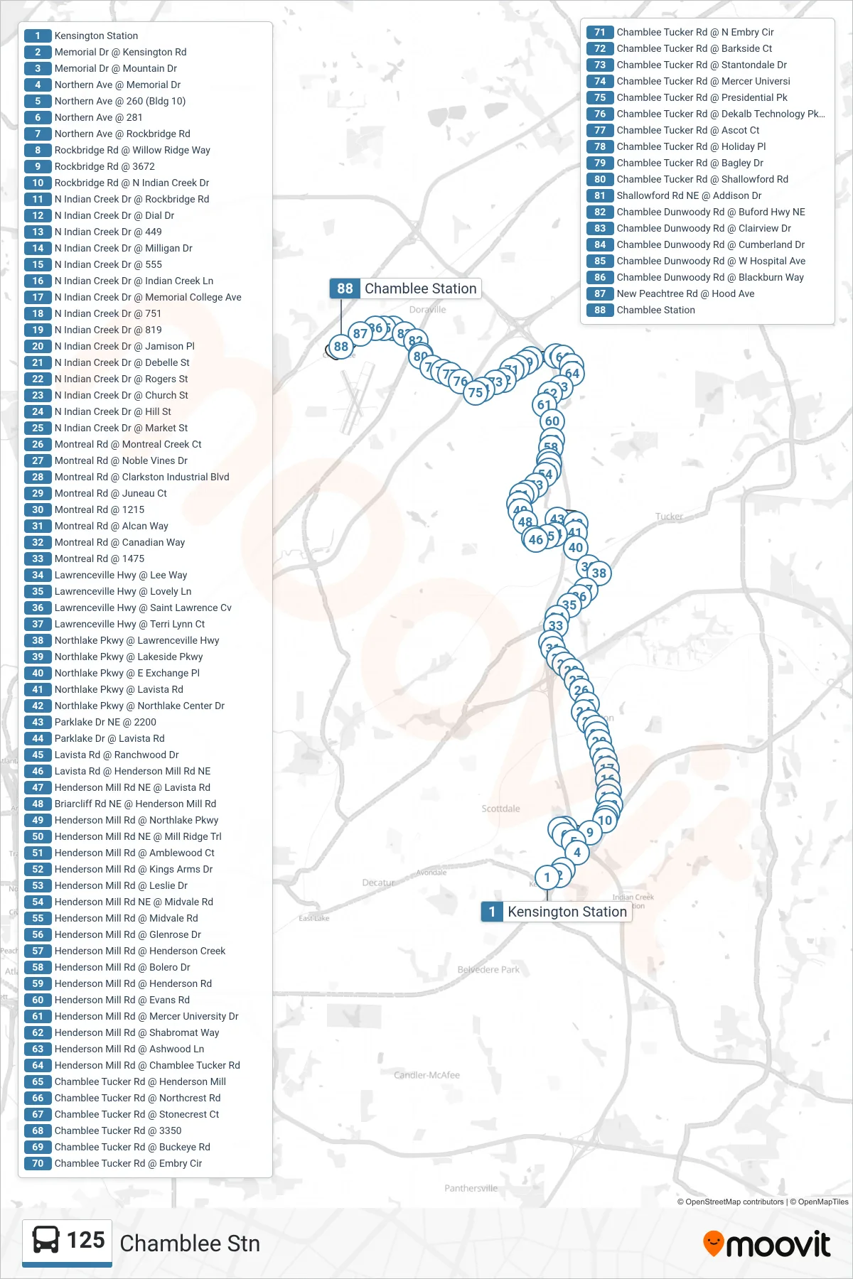 125 bus Line (Chamblee Stn) route and stops on a map