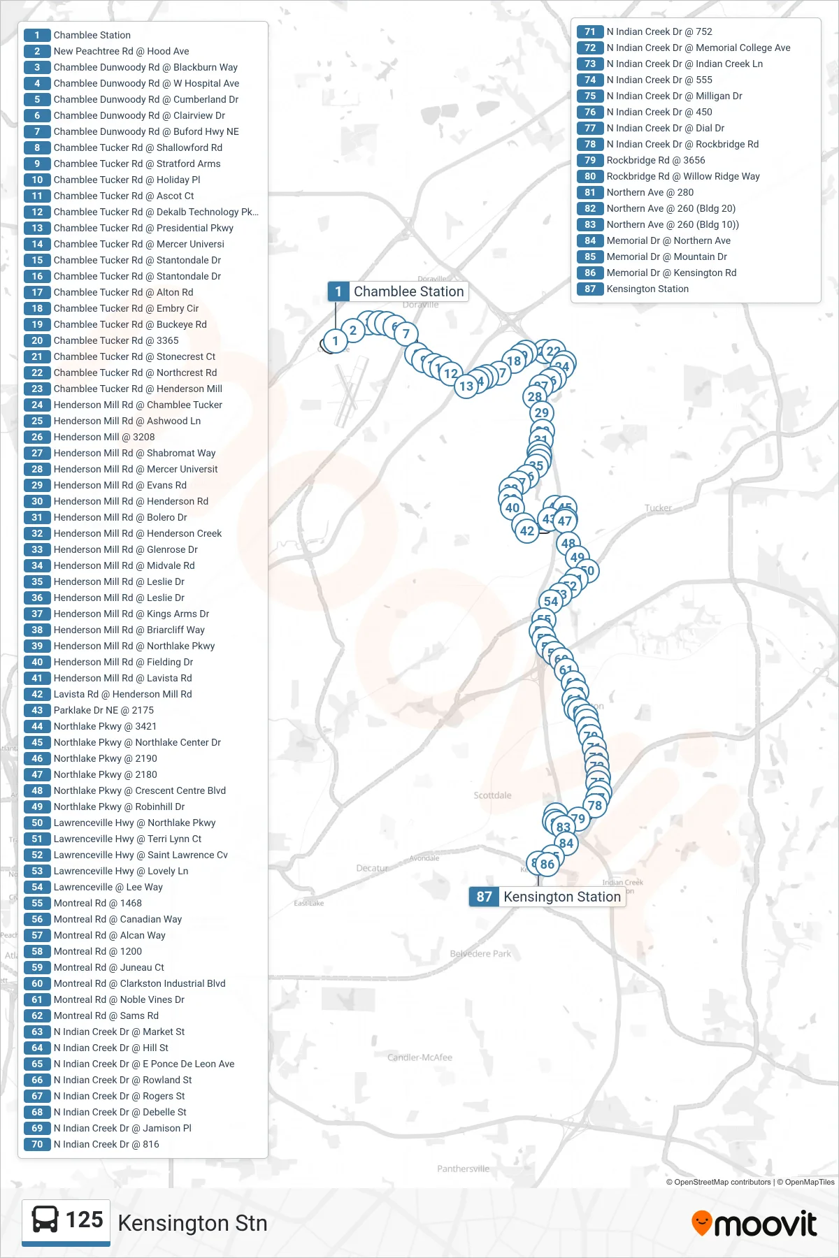 125 bus Line (Kensington Stn) route and stops on a map