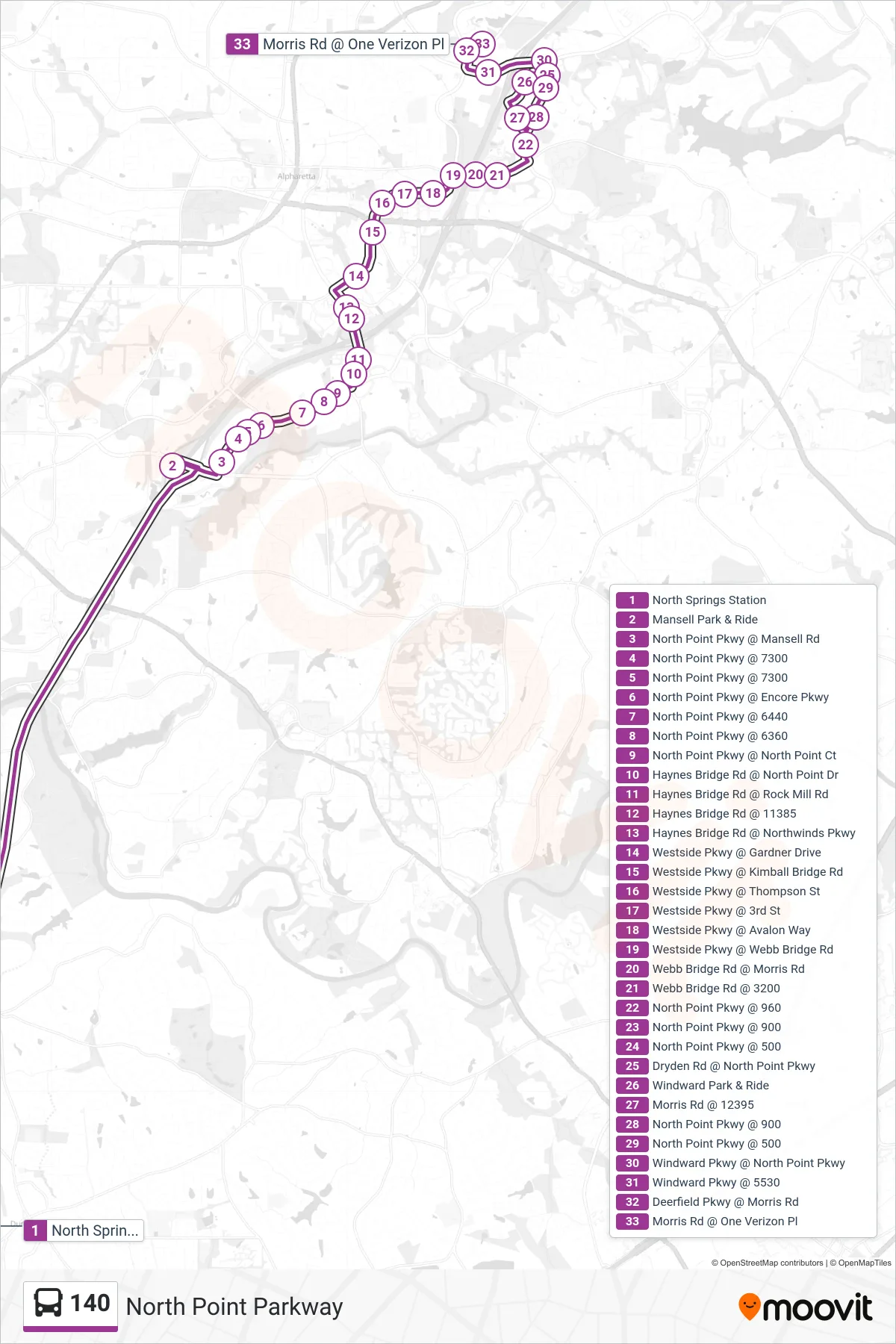 140 bus Line (Morris Rd Via Windward P&R) route and stops on a map