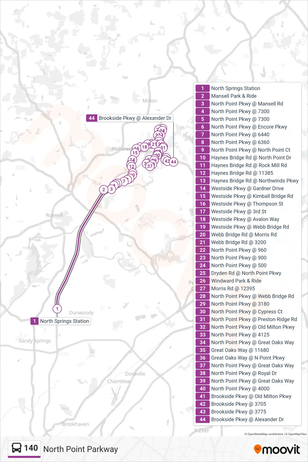 140 bus Line (Brookside Pkwy Via Windward P&R) route and stops on a map