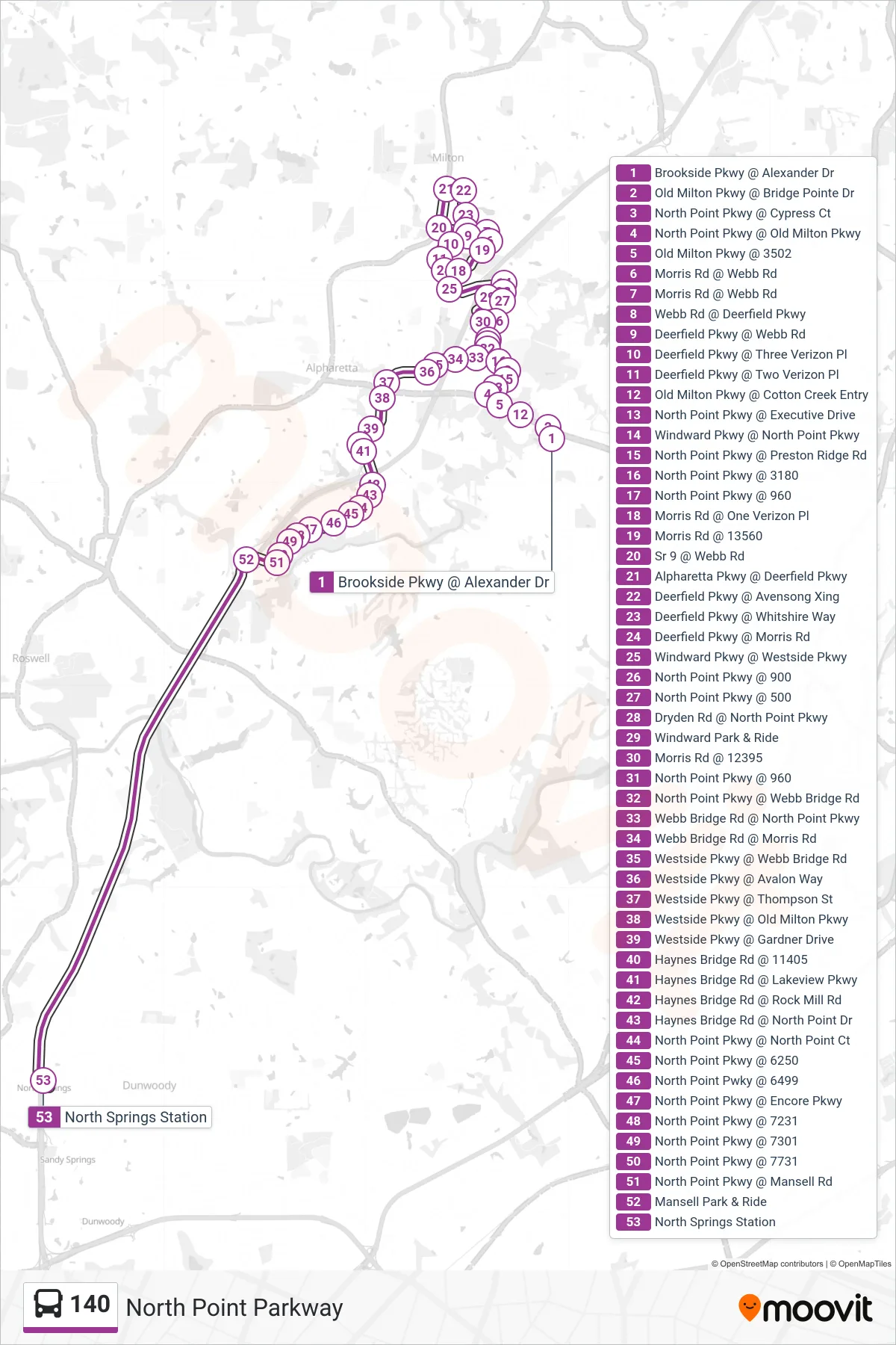 140 bus Line (North Springs Stn) route and stops on a map
