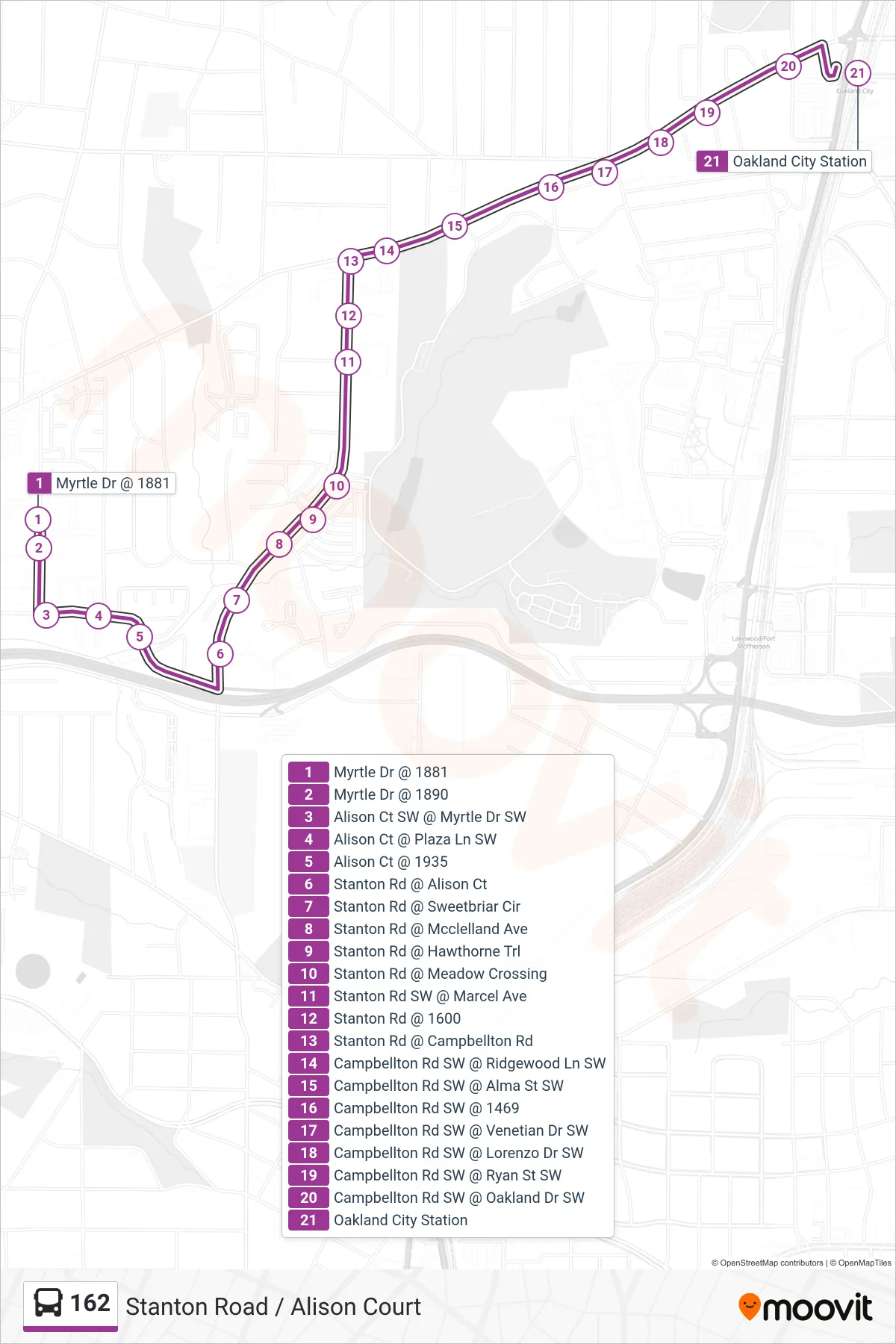 162 bus Line (Oakland City Stn) route and stops on a map