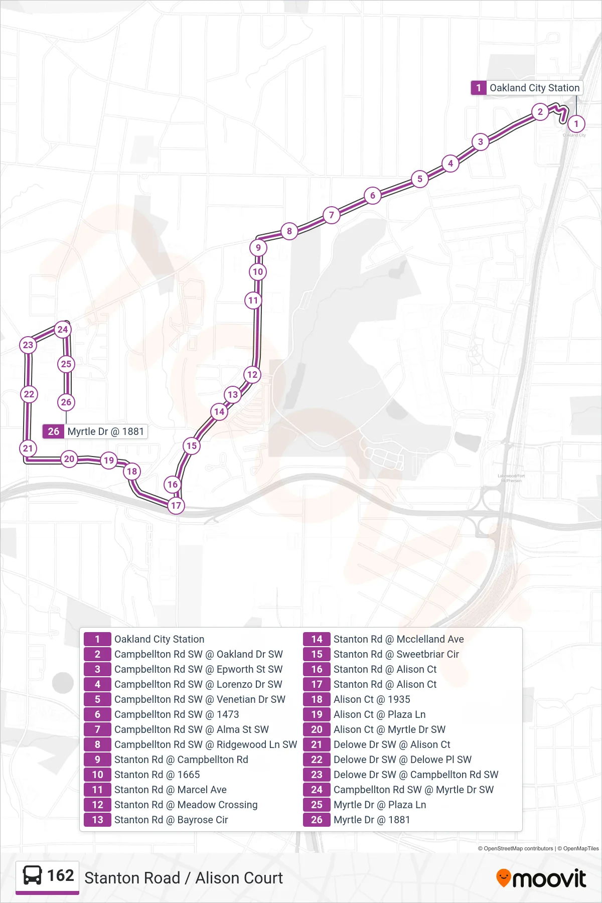 162 bus Line (Myrtle Dr) route and stops on a map